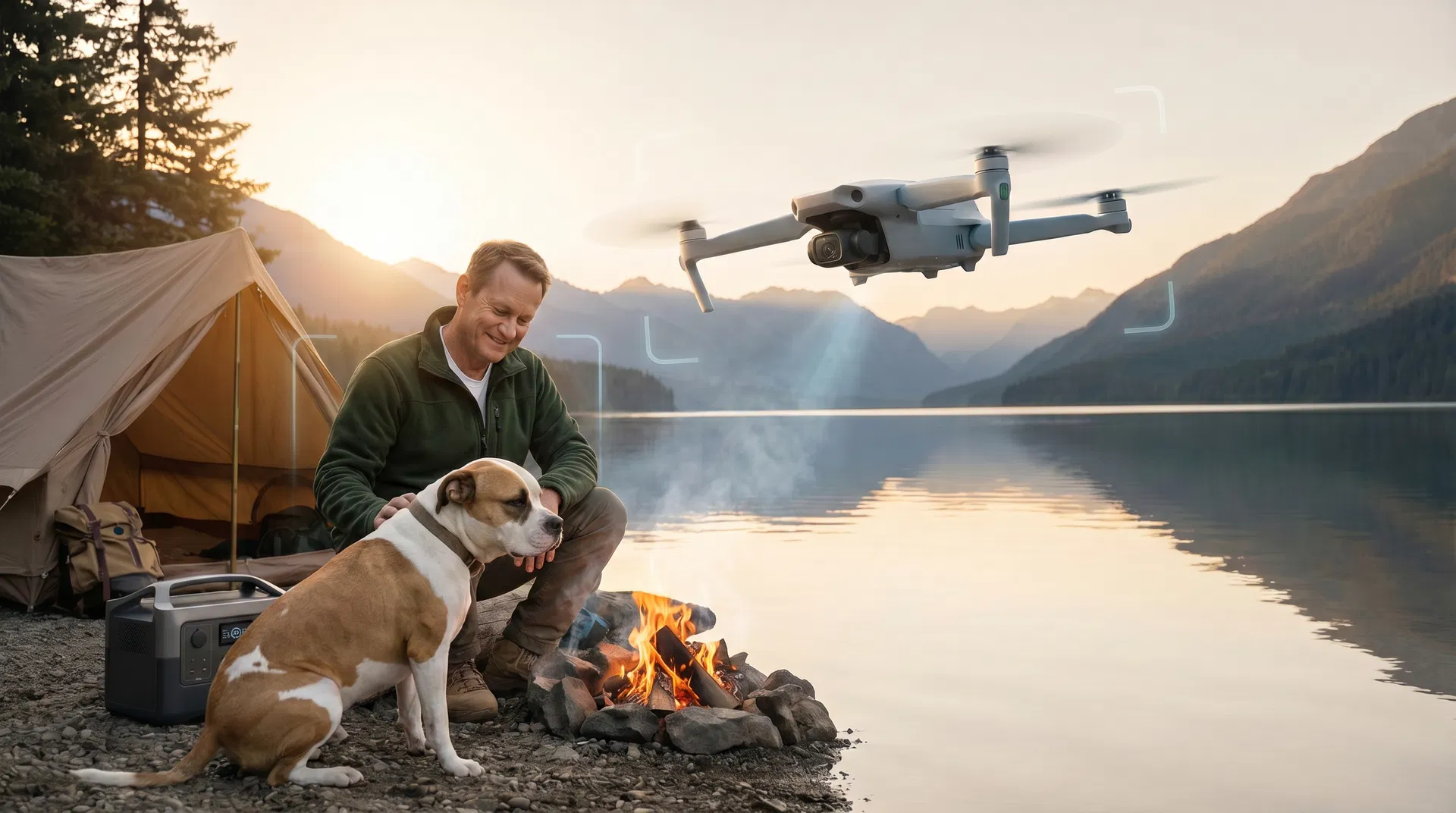John with his dog at a campsite while an autonomous drone hovers nearby