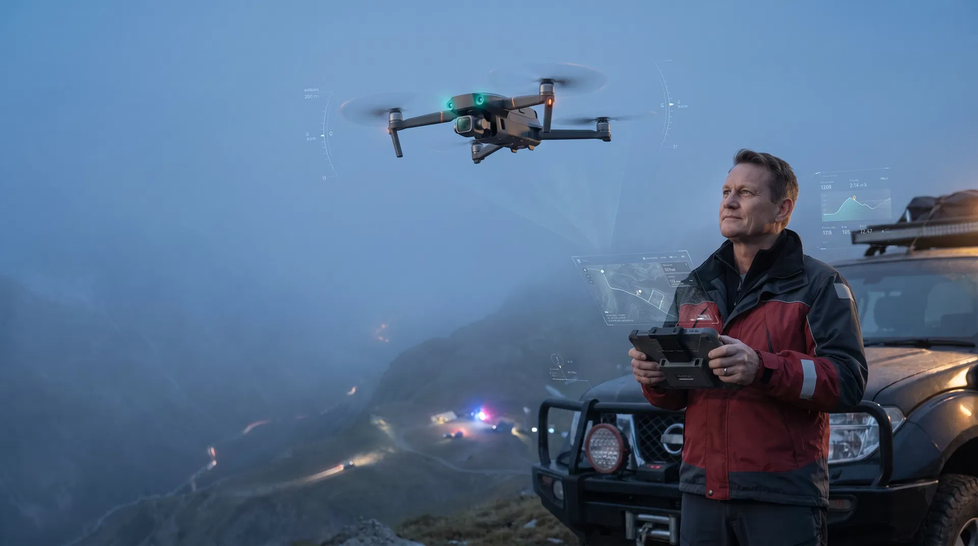 John operating an AI-enabled rescue drone in mountainous terrain
