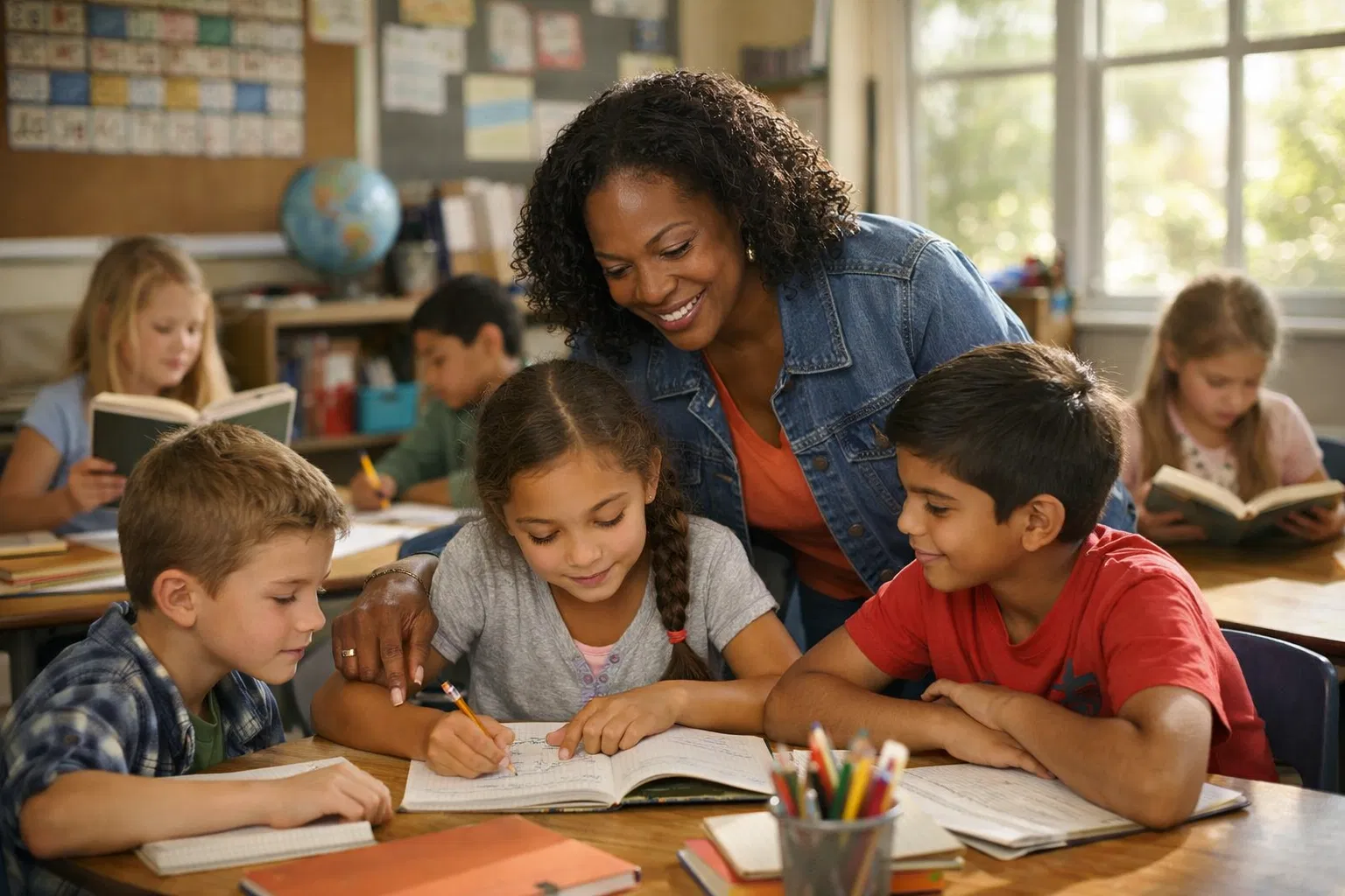 Teacher mentoring students in classroom