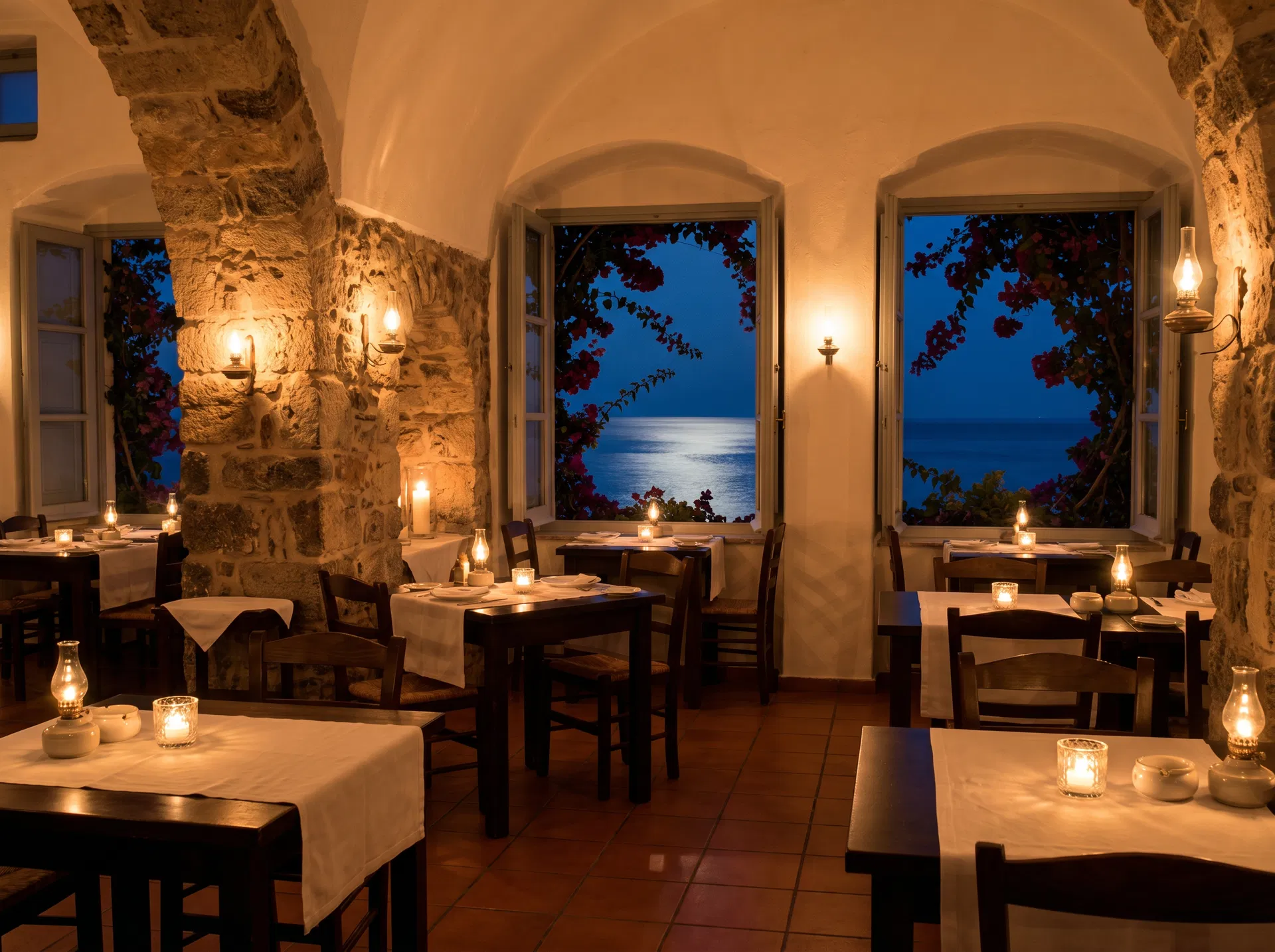 La Vita restaurant interior — candlelit stone walls with sea view