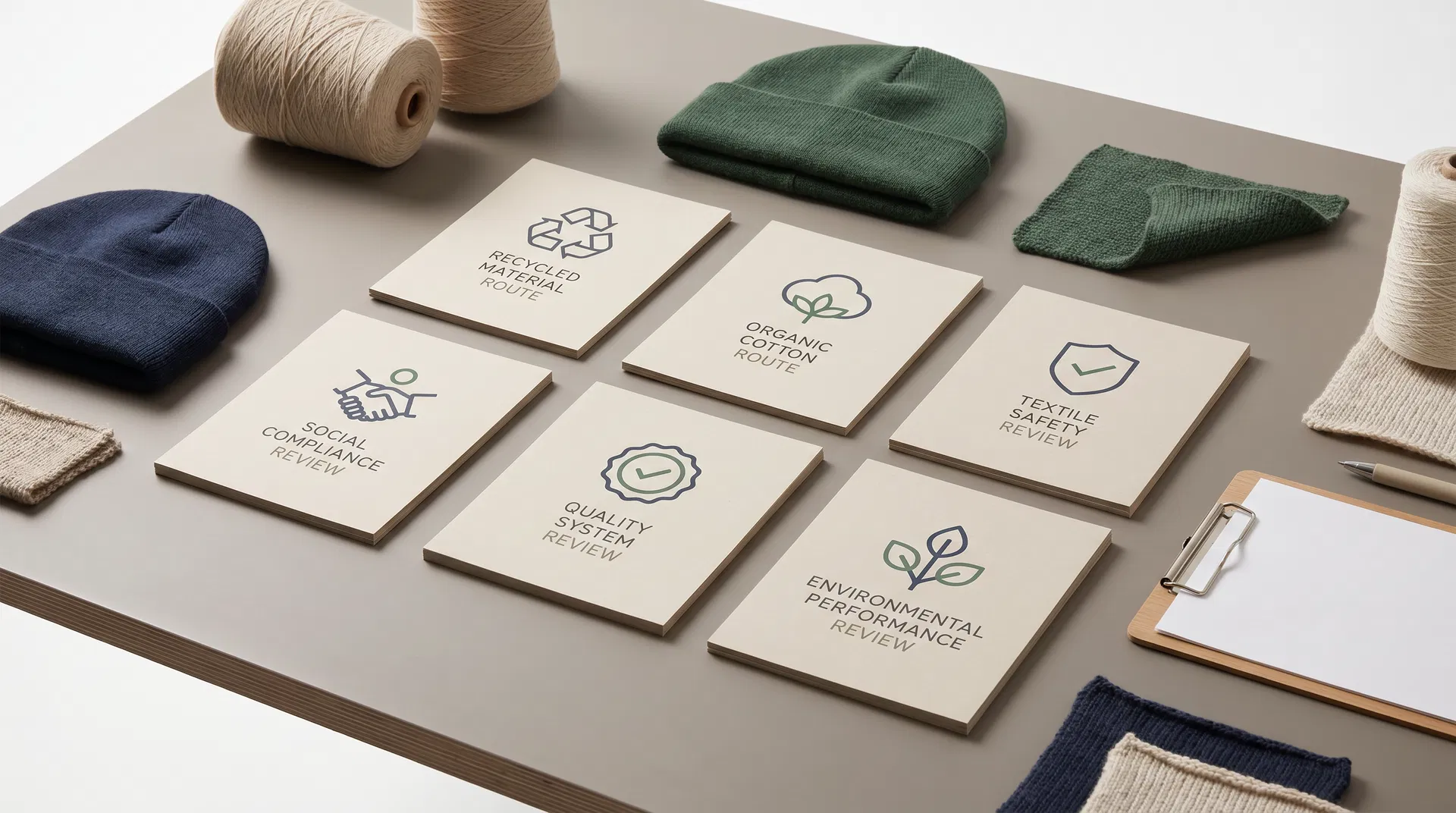 Six compliance support cards with beanie samples, yarn cones and knit swatches