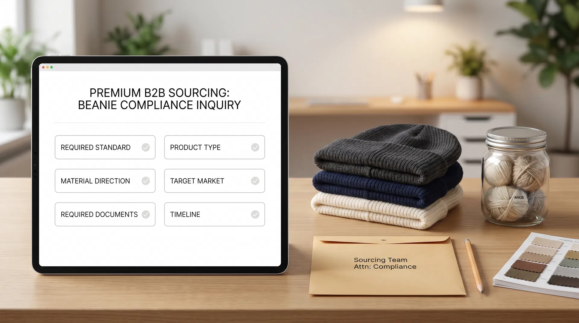 Buyer compliance inquiry checklist with beanie samples, yarn material samples and quotation preparation documents