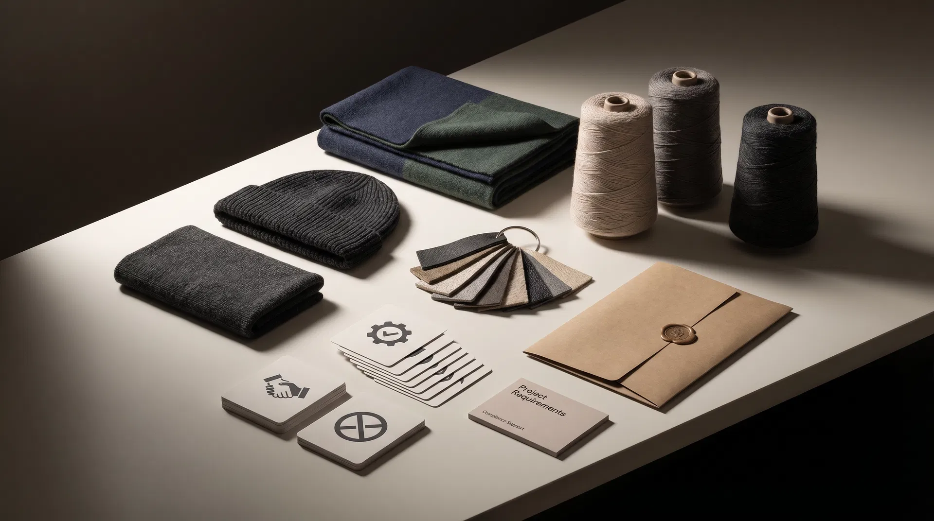 Custom beanie sample, yarn cones, material swatches and project requirements folder for compliance support