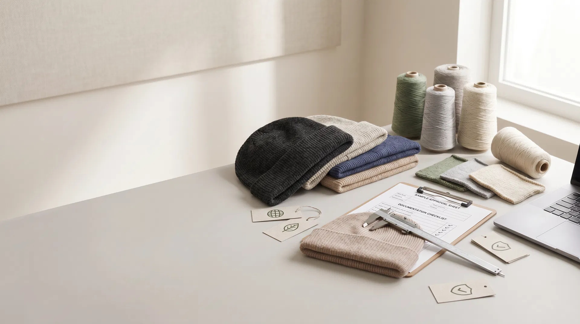 Custom beanies, yarn cones, knit swatches and compliance review documents on a clean sourcing desk