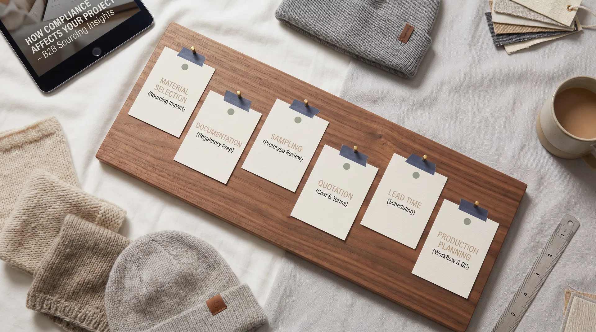 Compliance project board showing material selection, documentation, sampling, quotation, lead time and production planning