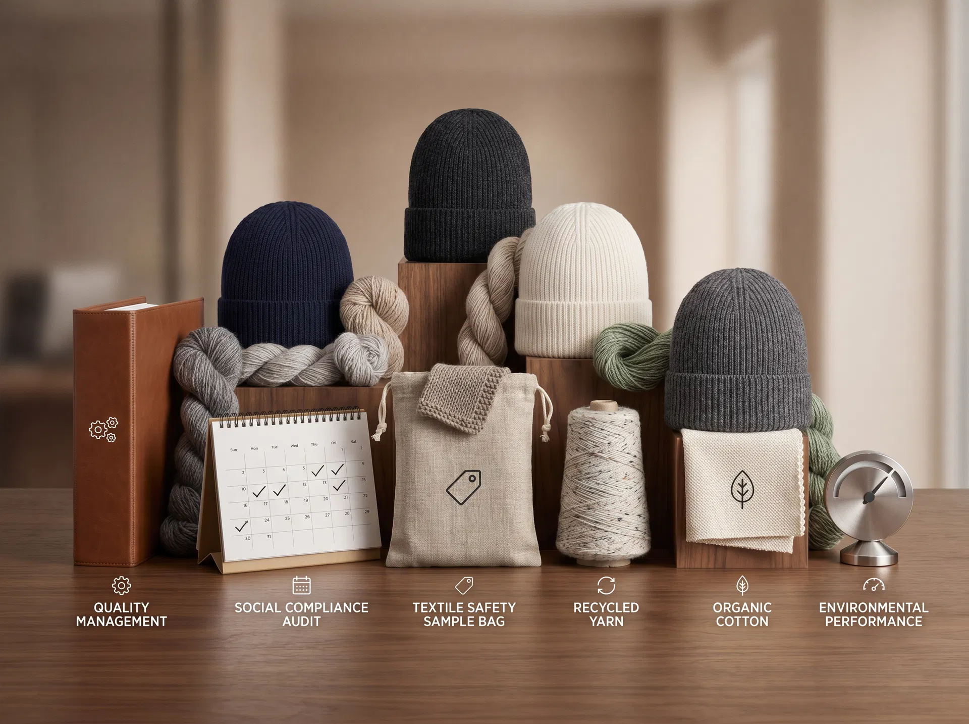 Knit beanie samples, yarn materials and symbolic compliance indicators on a premium factory trust table