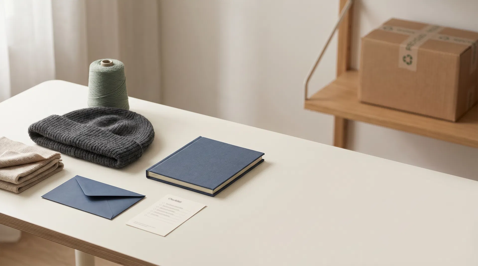 Premium consultation desk with beanie sample, yarn, documentation folder and shipping carton for compliance inquiry