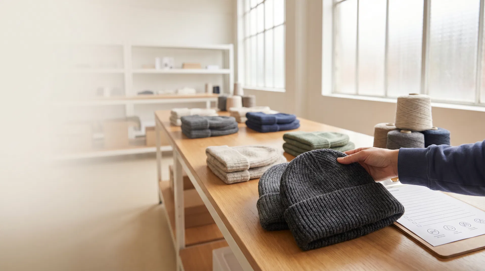 Premium beanie samples and factory quality control materials on a clean inspection table