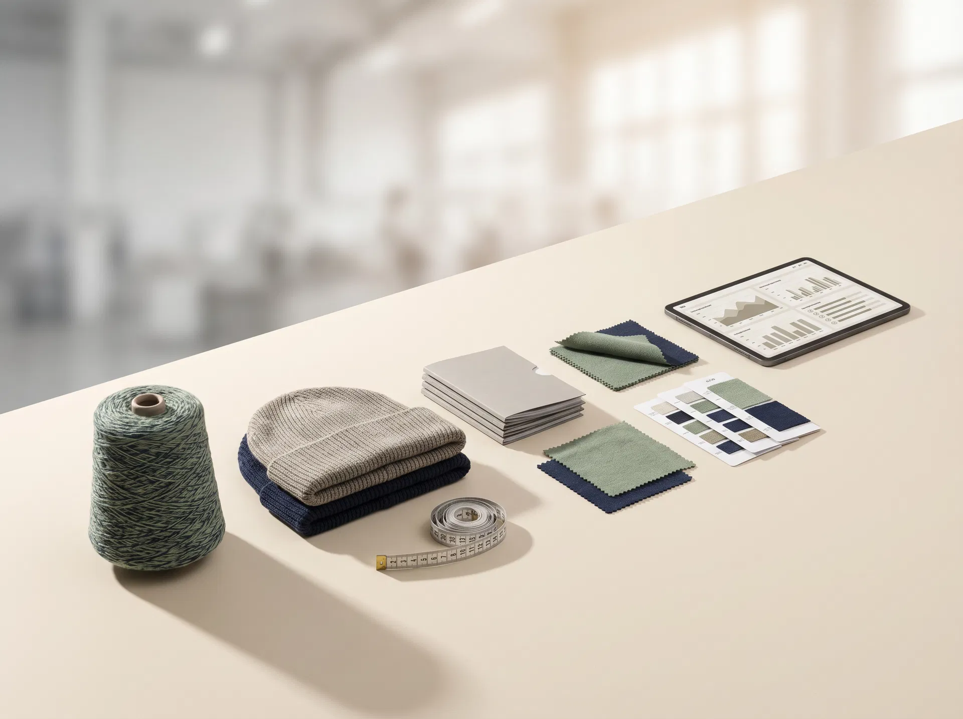 Beanie samples, yarn, documentation folders and non-readable quality dashboard for buyer trust planning