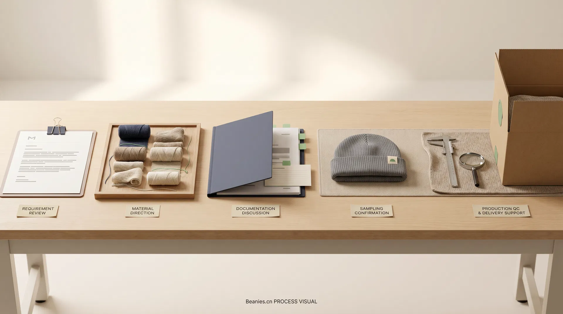 Sequential buyer support workflow with requirement review, material direction, documentation discussion, sampling and QC objects