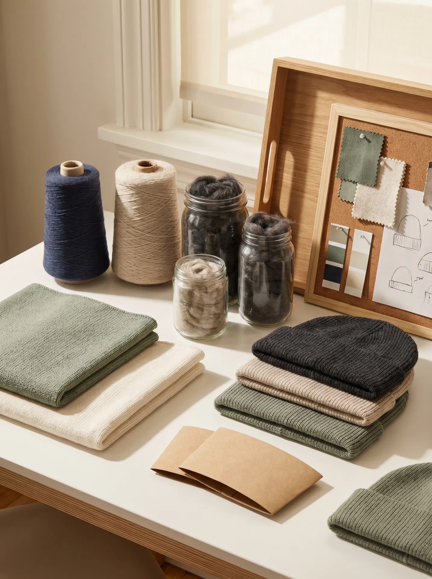 Responsible yarn cones, beanie samples, merino wool fibers and eco packaging mockups for knit product development
