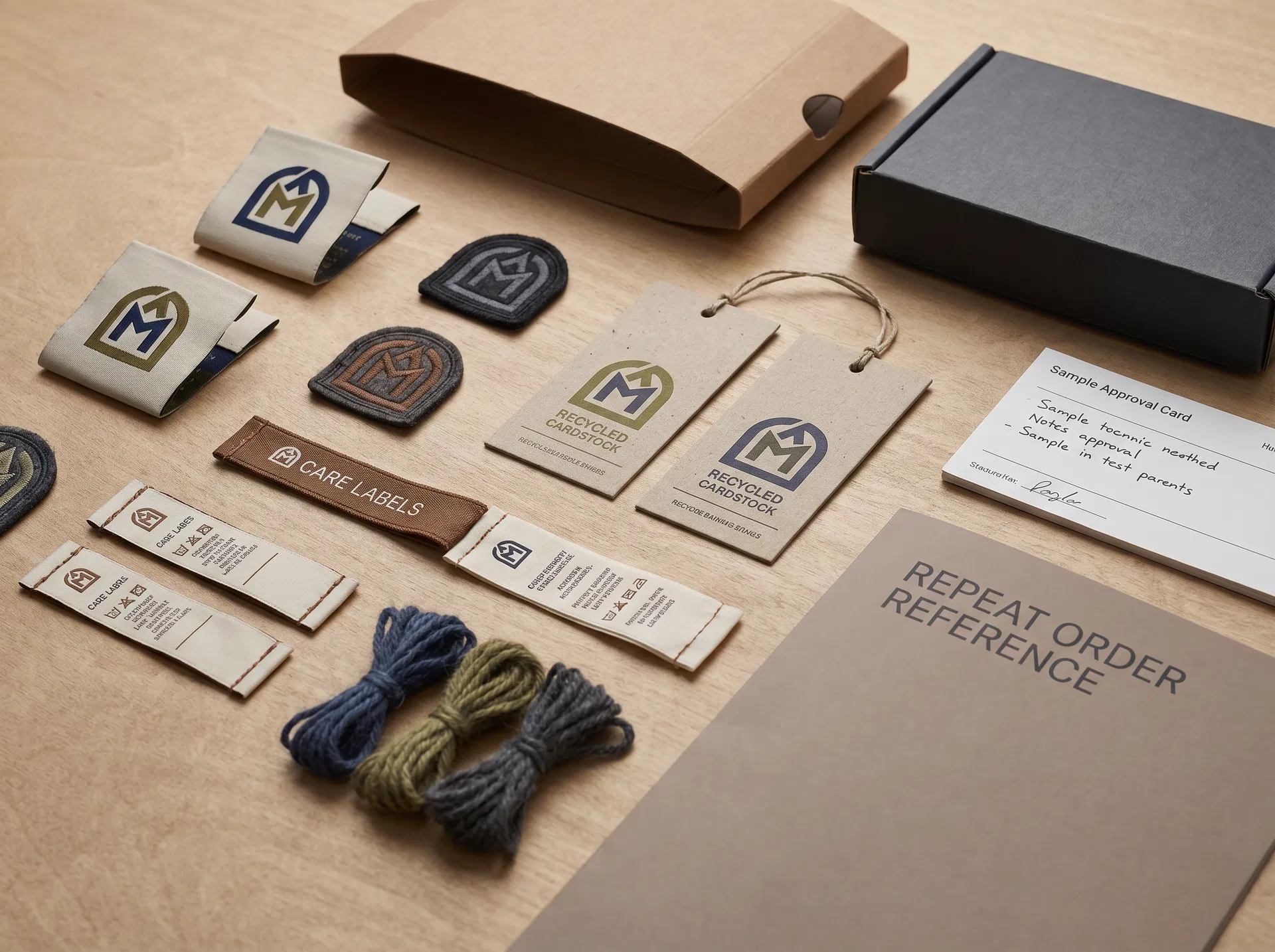 Close-up of woven logo labels, embroidered patches, hangtags, care labels, yarn swatches, packaging and repeat order reference folder