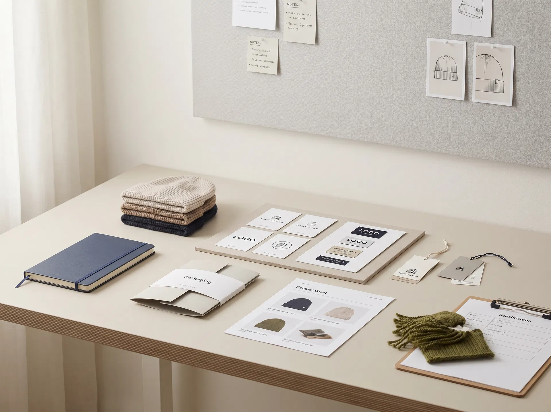 Brand launch board with beanie samples, logo cards, packaging sleeve, ecommerce photo contact sheet and specifications