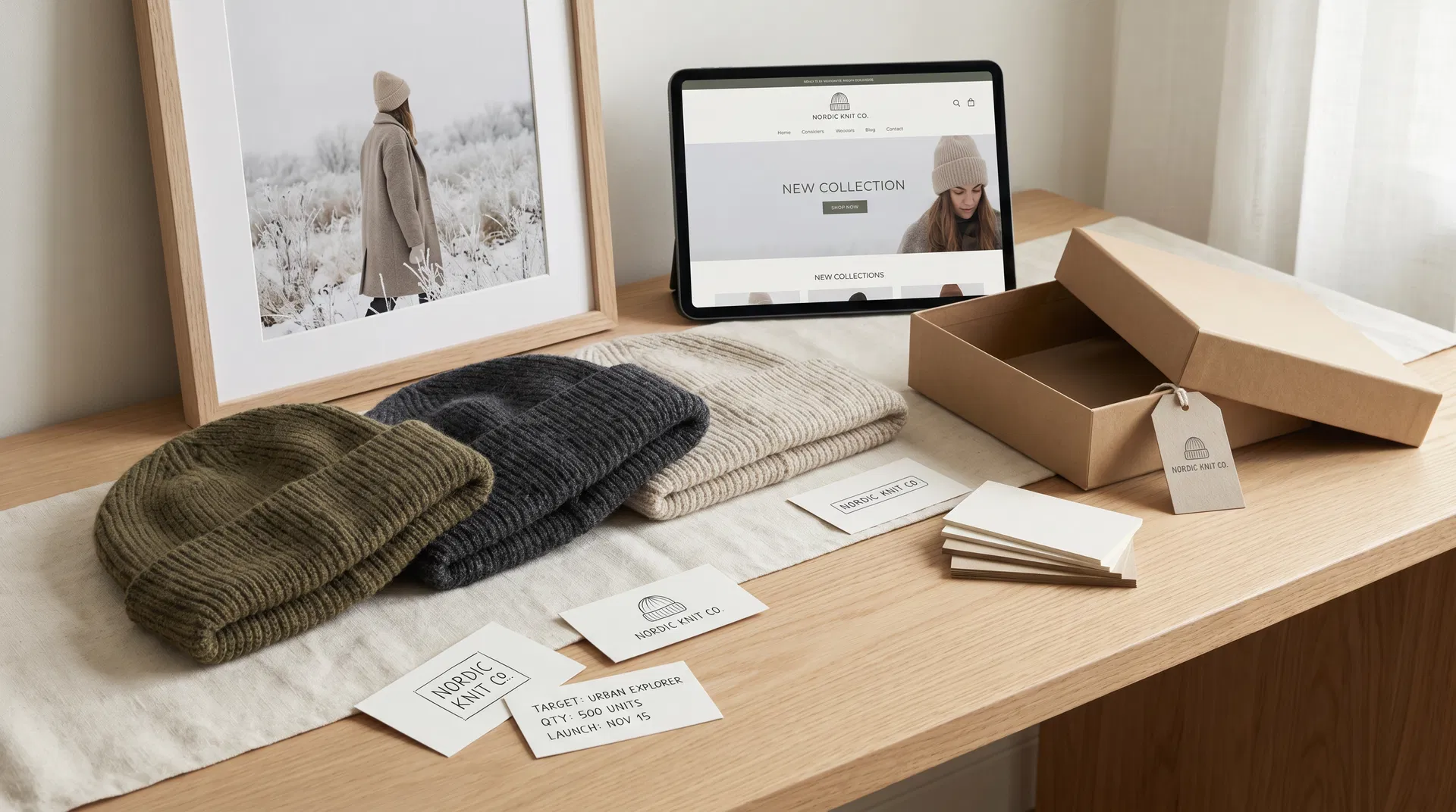 DTC beanie collection planning table with folded beanies, product photo print, logo cards, quantity planning sheet and packaging box