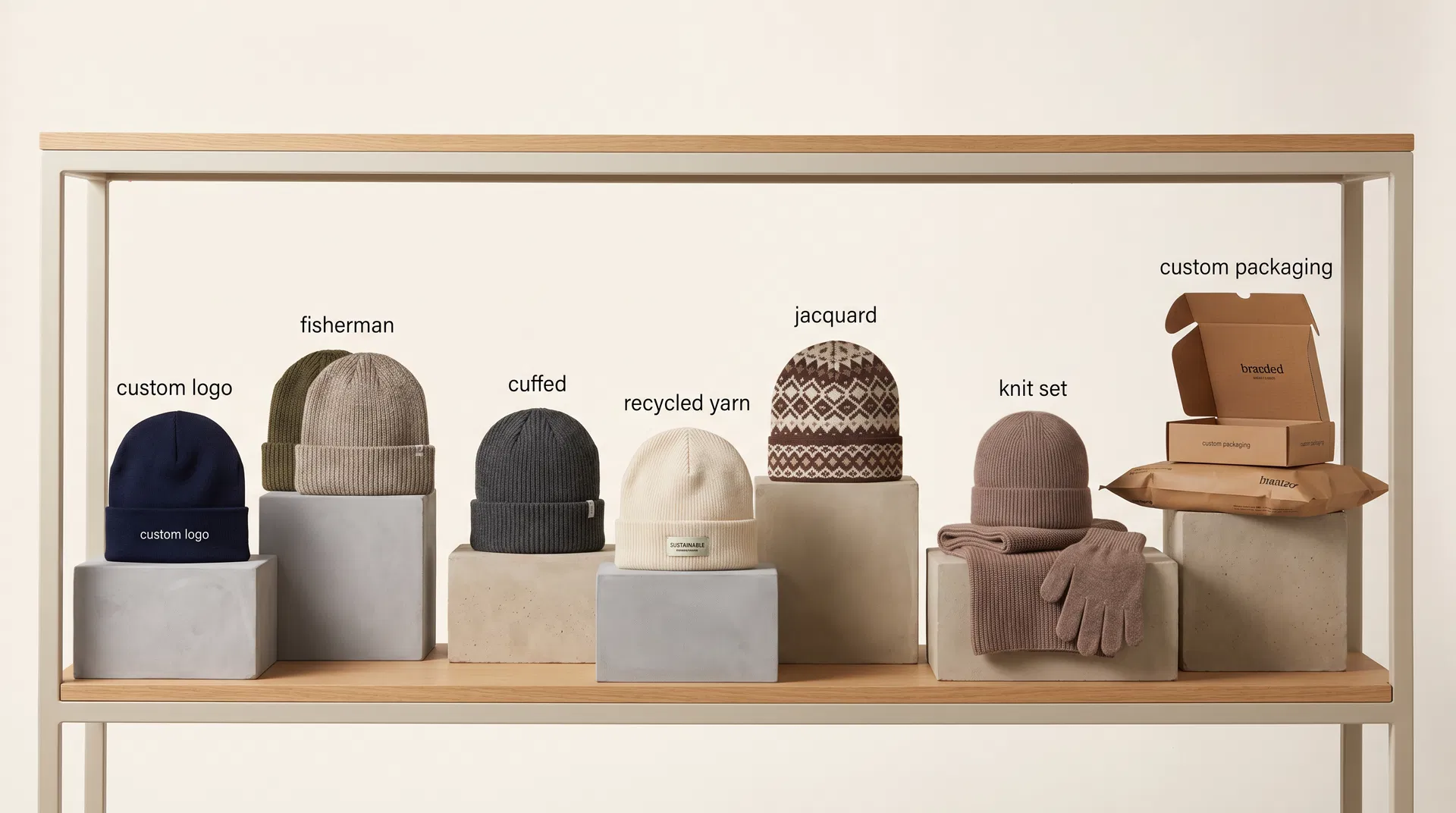 Premium DTC product display showing custom logo beanies, fisherman beanies, cuffed beanies, recycled yarn beanies, jacquard beanies, knit sets and custom packaging