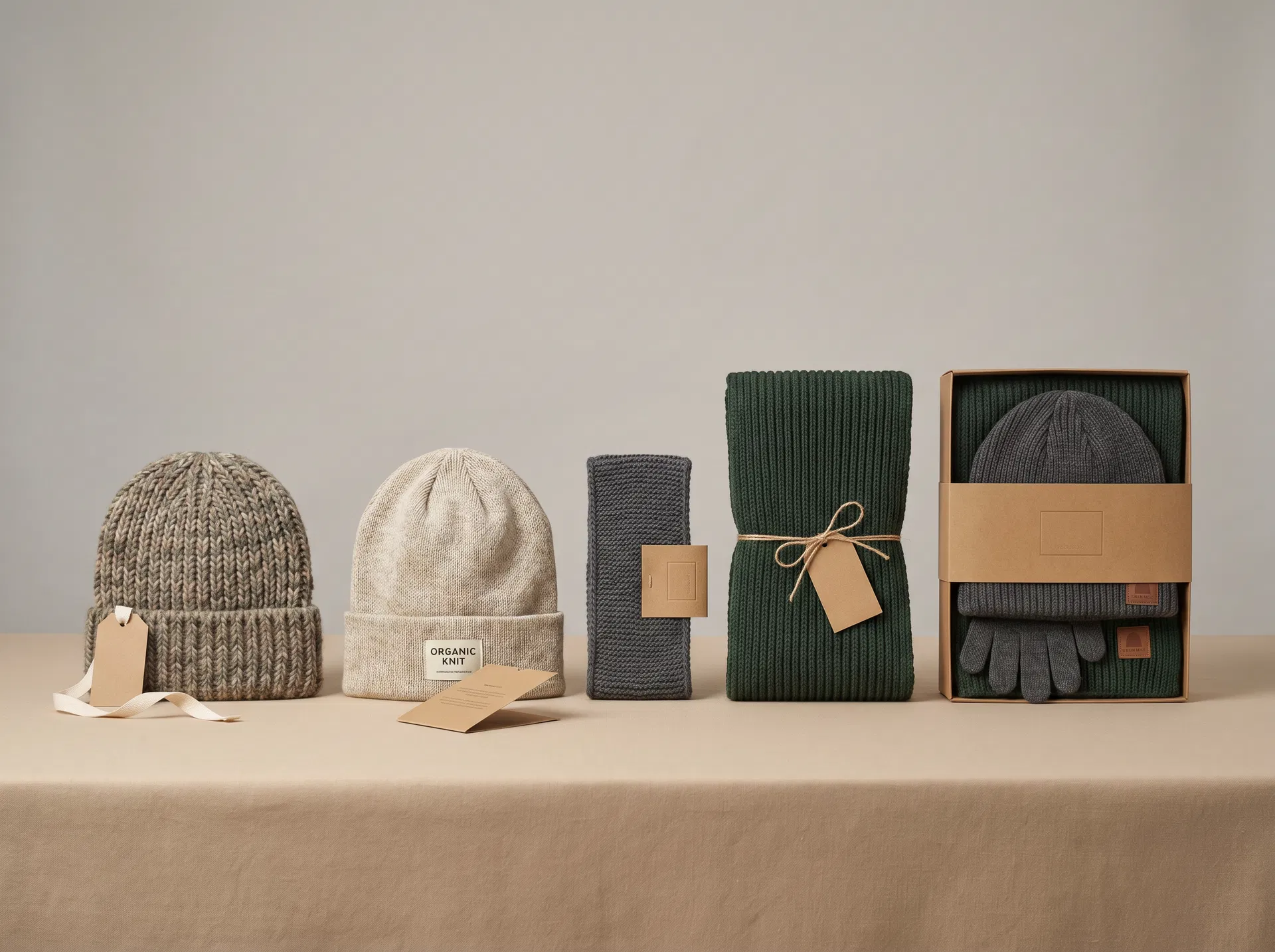 Winter knit accessories staged with kraft packaging for private label programs