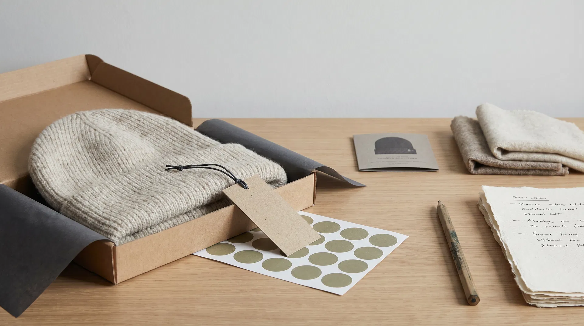 Packaged beanie with kraft gift box, hangtag, stickers and sourcing desk materials