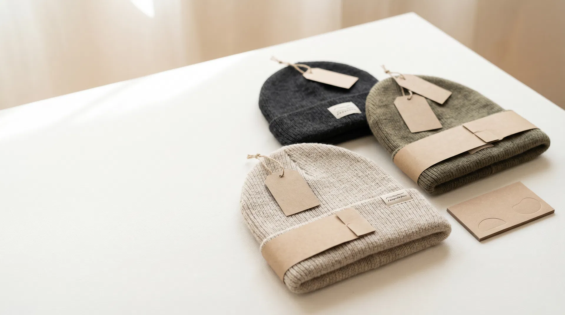 Custom beanies arranged with kraft paper bands and recycled paper hangtags