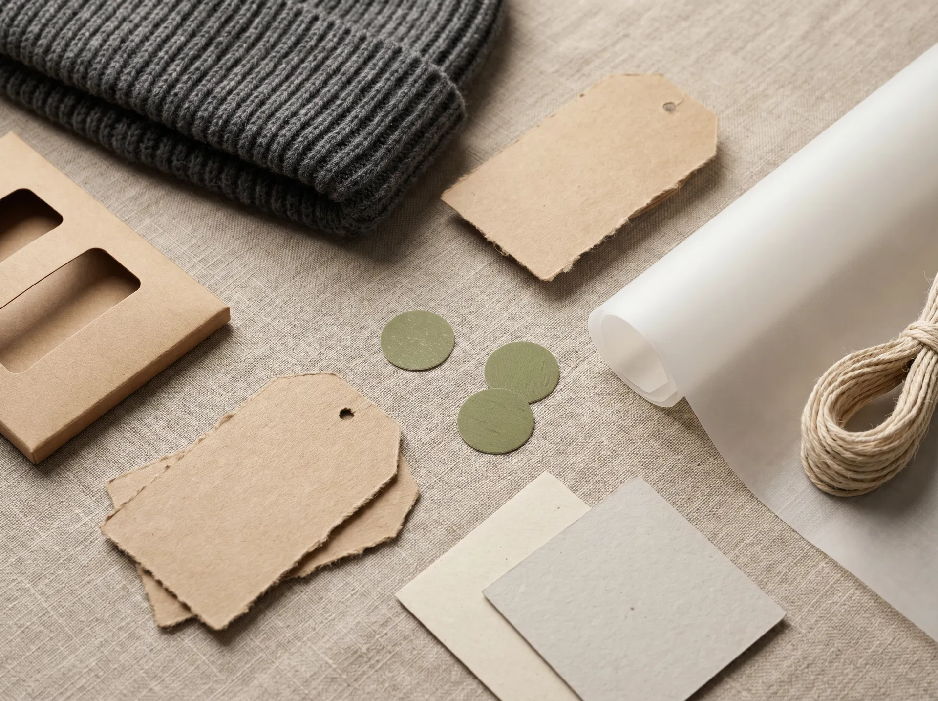 Close-up of recycled paper hangtags, kraft packaging cards, stickers and knit beanie material