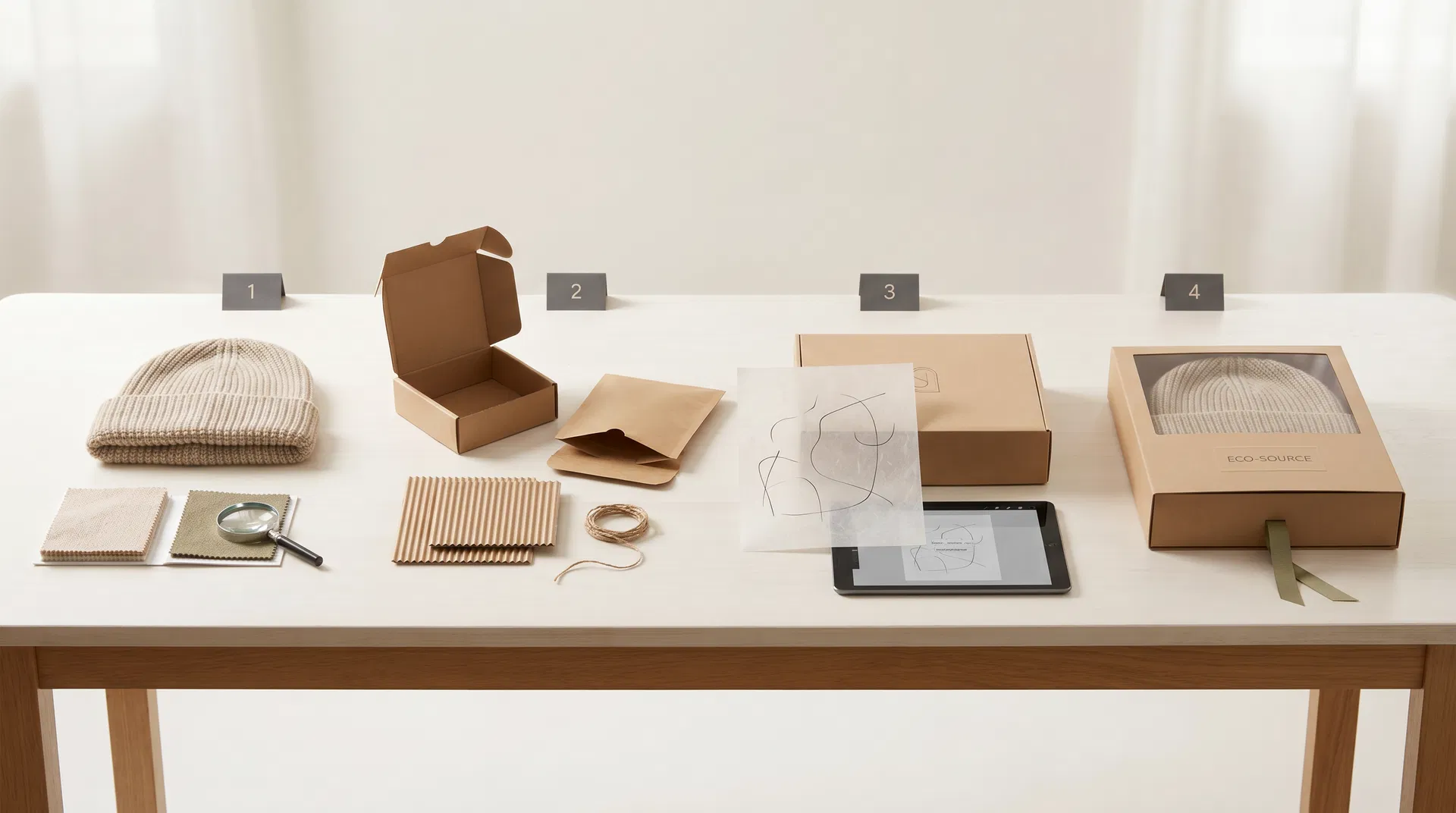 Four step eco packaging workflow for beanie packaging direction and approval