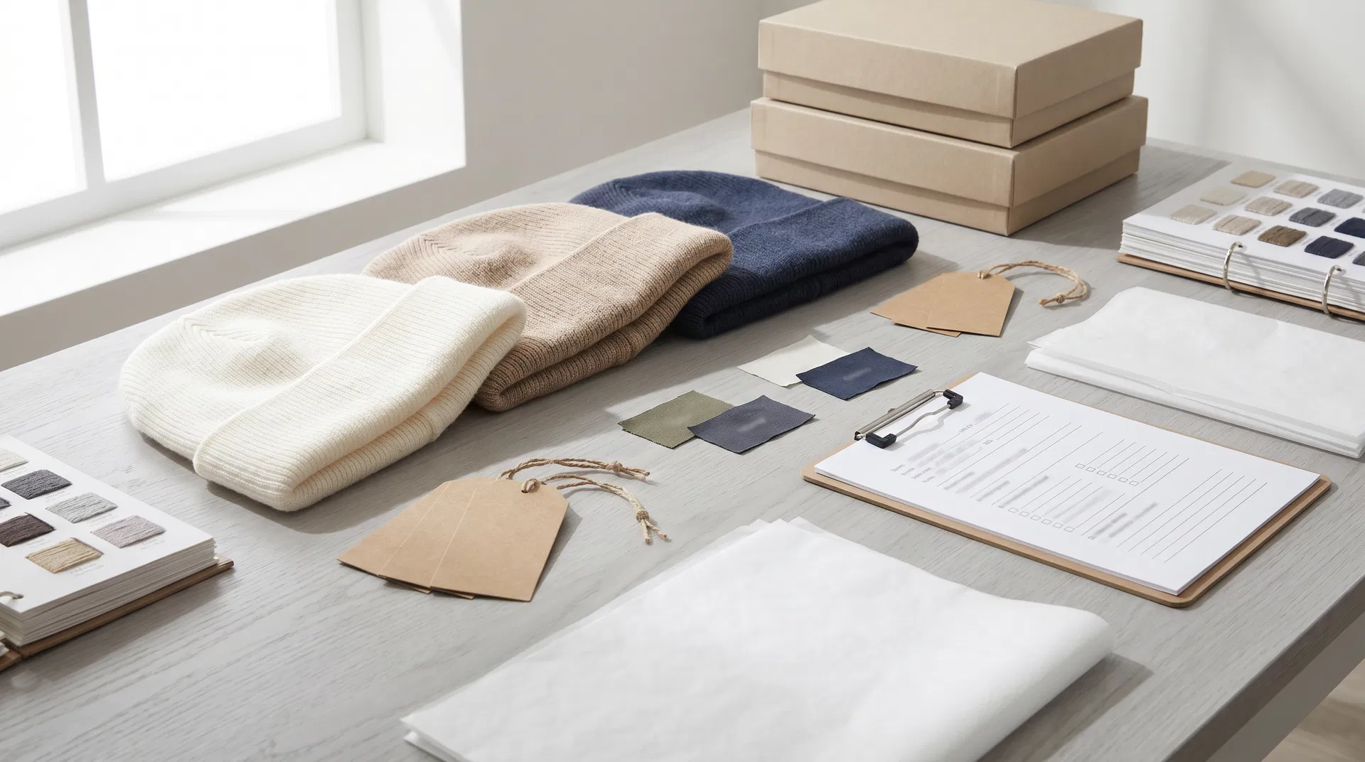 Private label beanie packaging, label swatches, color cards and inquiry worksheet