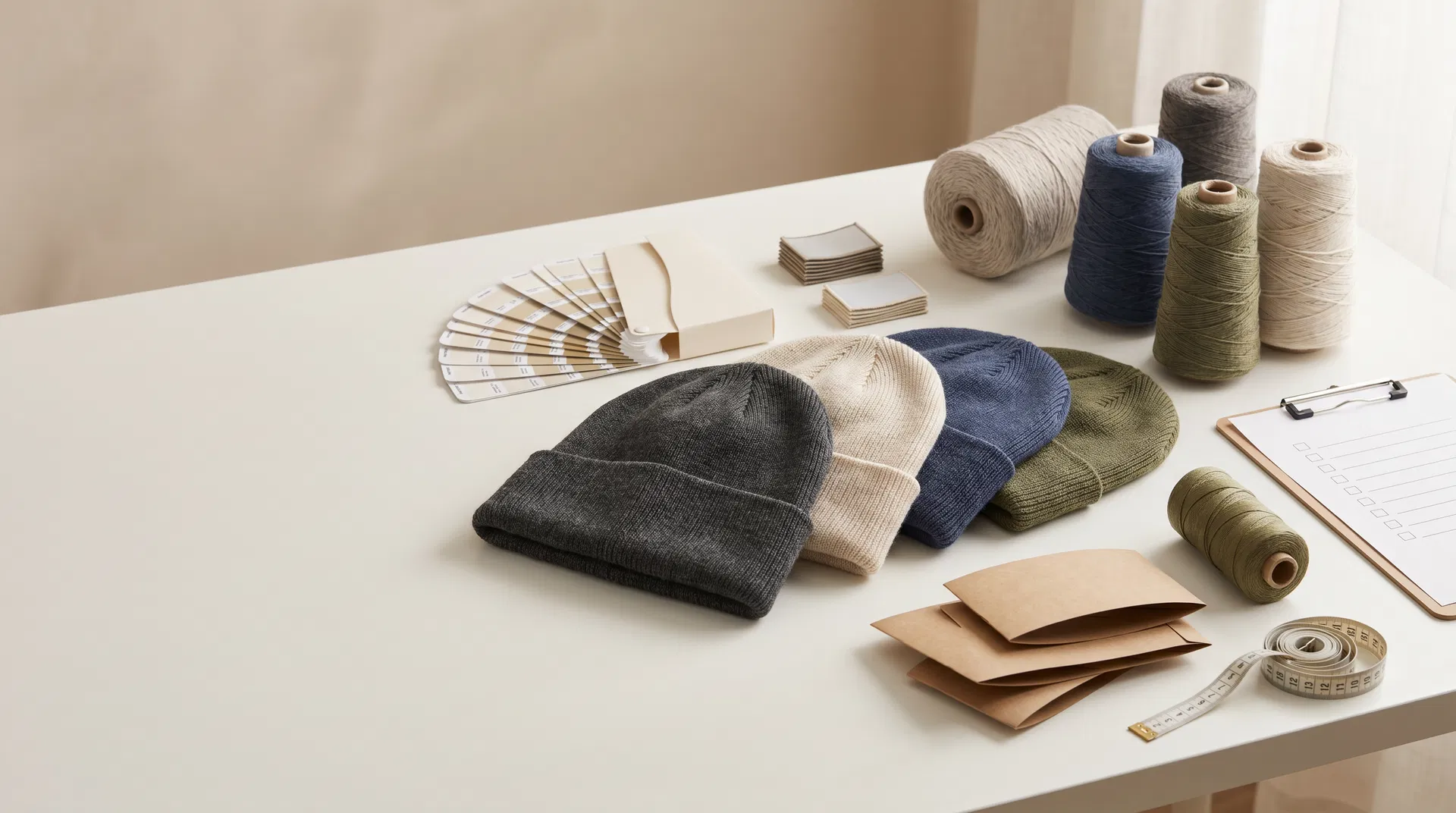 Custom beanie samples with yarn cones, color cards, packaging details and a checklist
