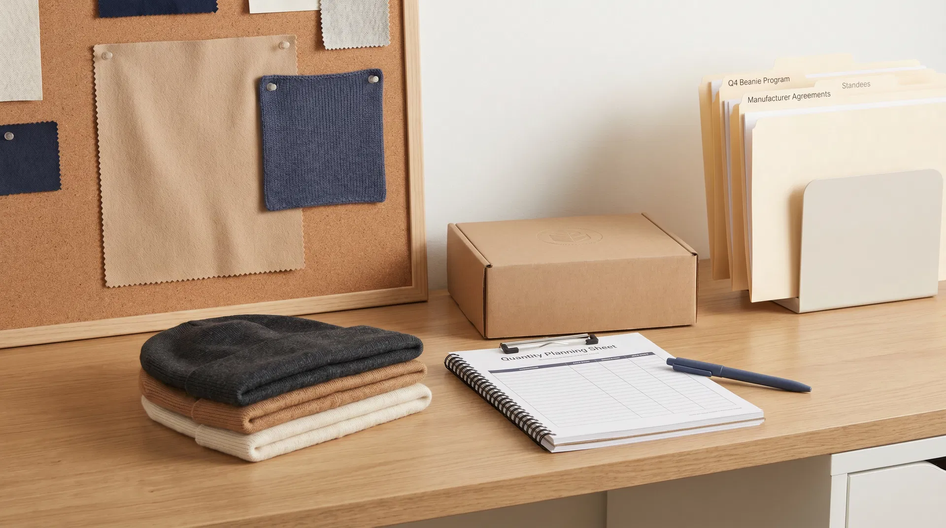 Retail beanie program planning desk with assortment board, packaging mockup, folded beanies and quantity planning sheet