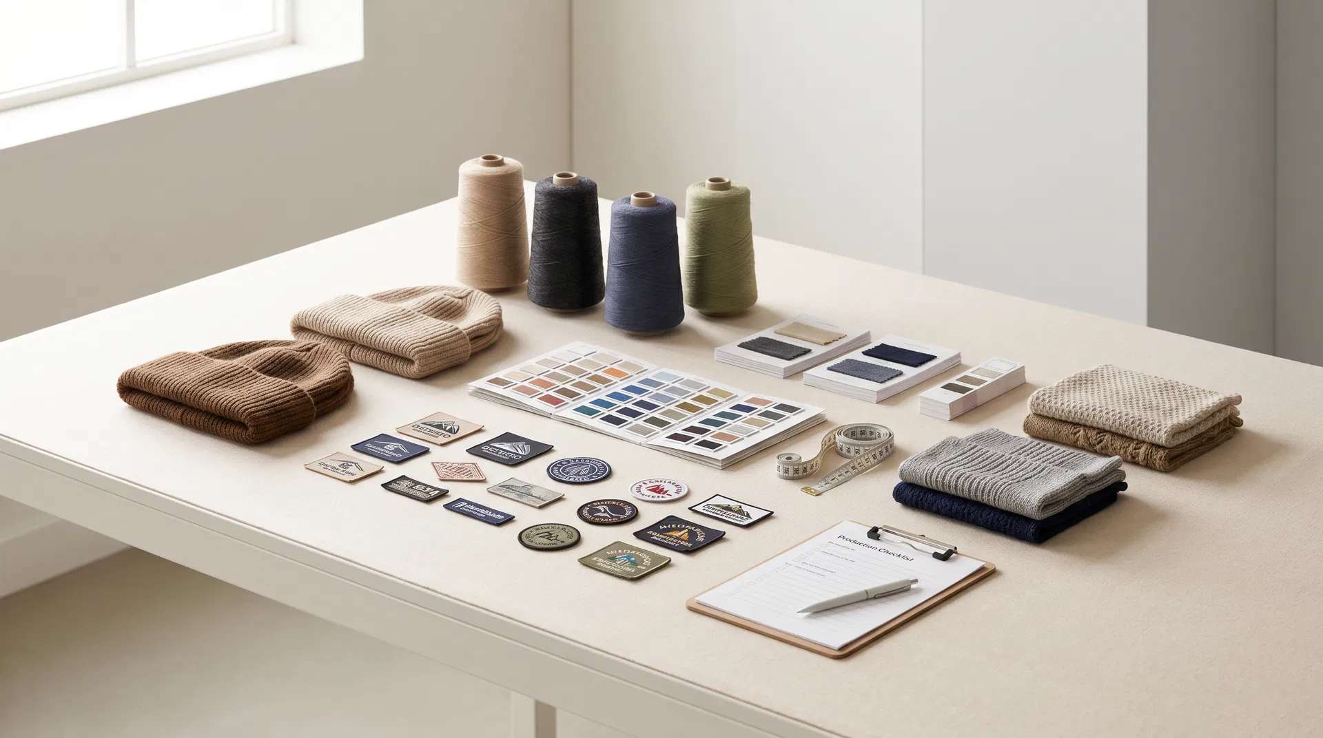 Premium worktable with beanie samples, yarn cones, color cards and logo patches