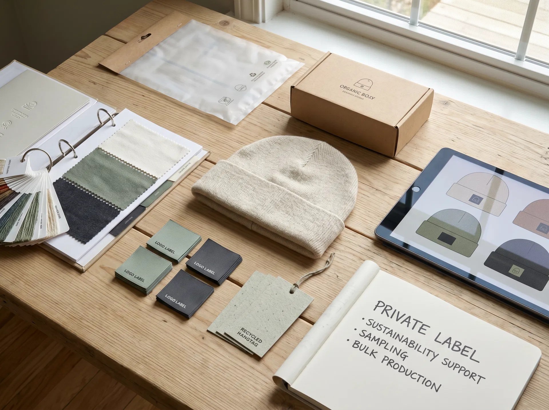 Organic cotton beanie sourcing desk with labels, swatches, packaging and planning materials