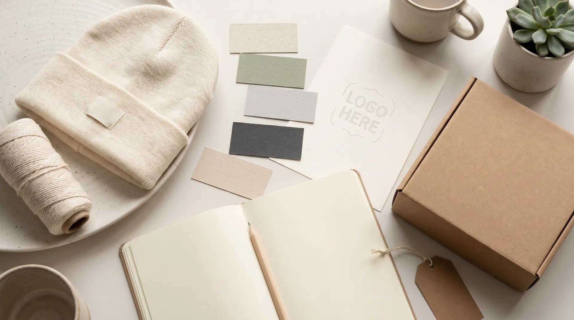 Organic cotton beanie project planning desk with sample, color cards and packaging box