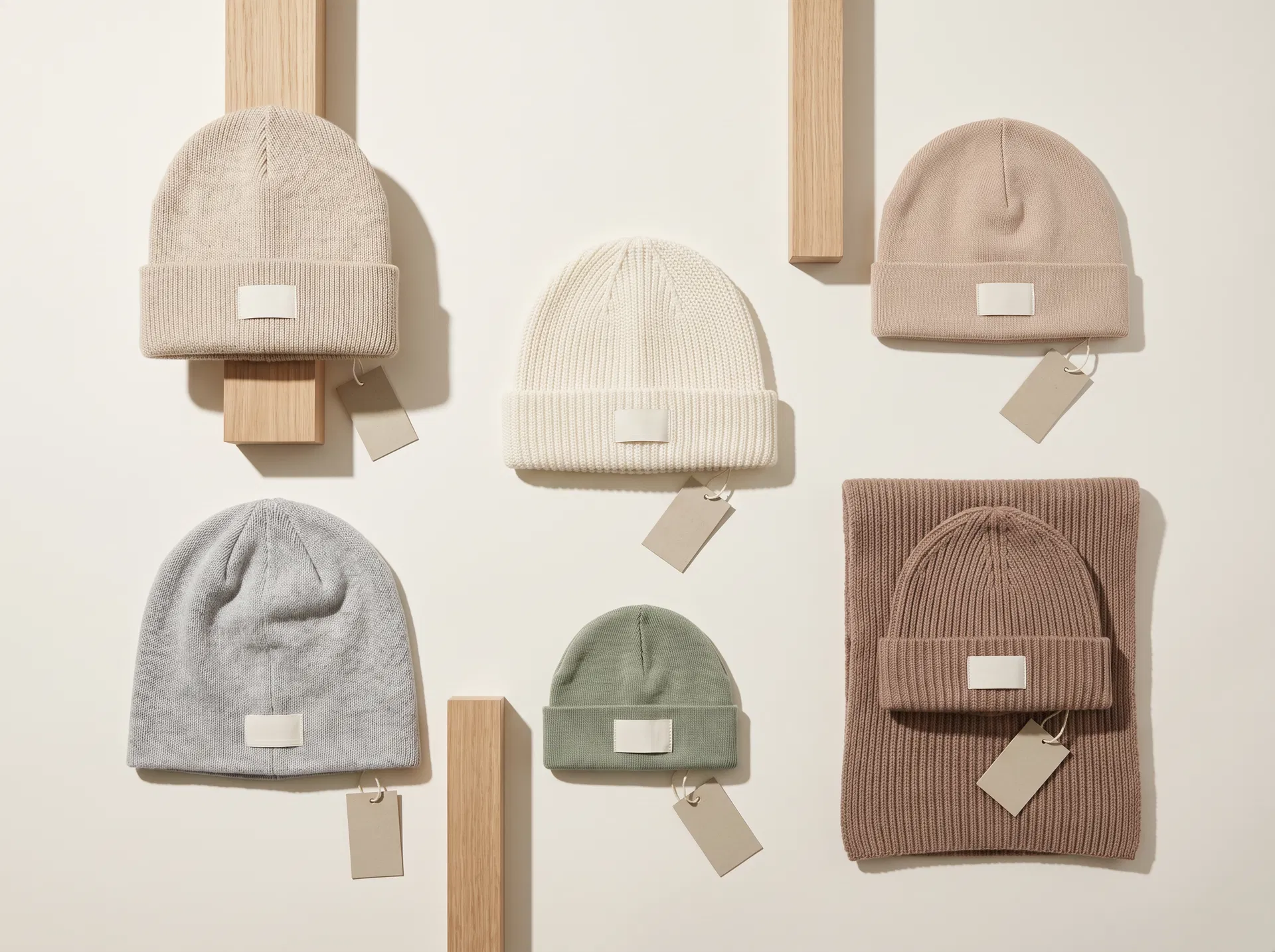 Organized display of six organic cotton beanie styles in neutral colors