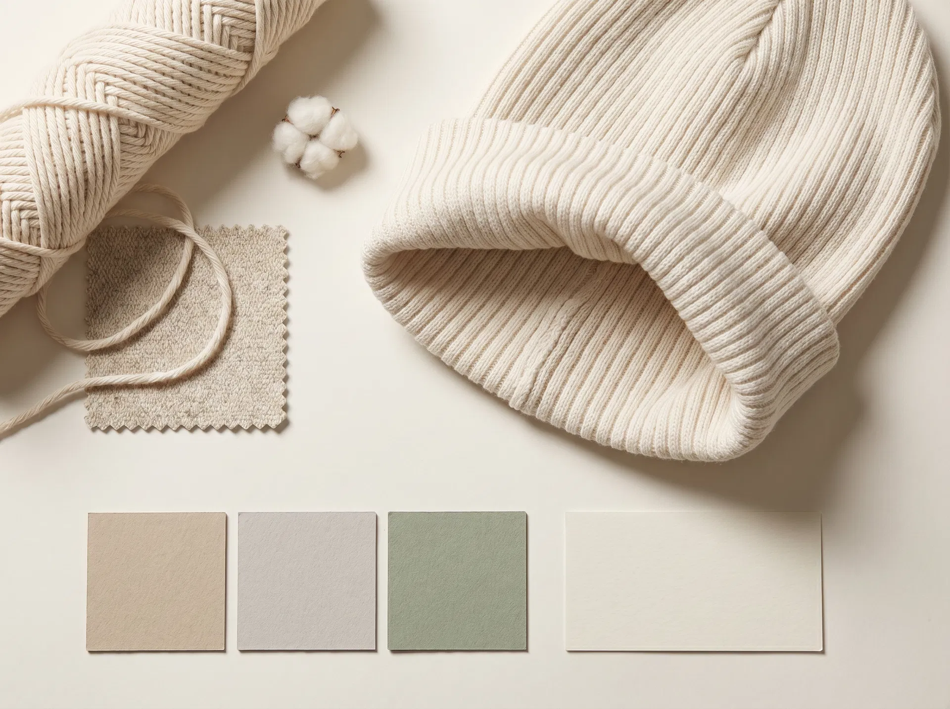 Close-up of organic cotton yarn, rib knit beanie texture and neutral color cards