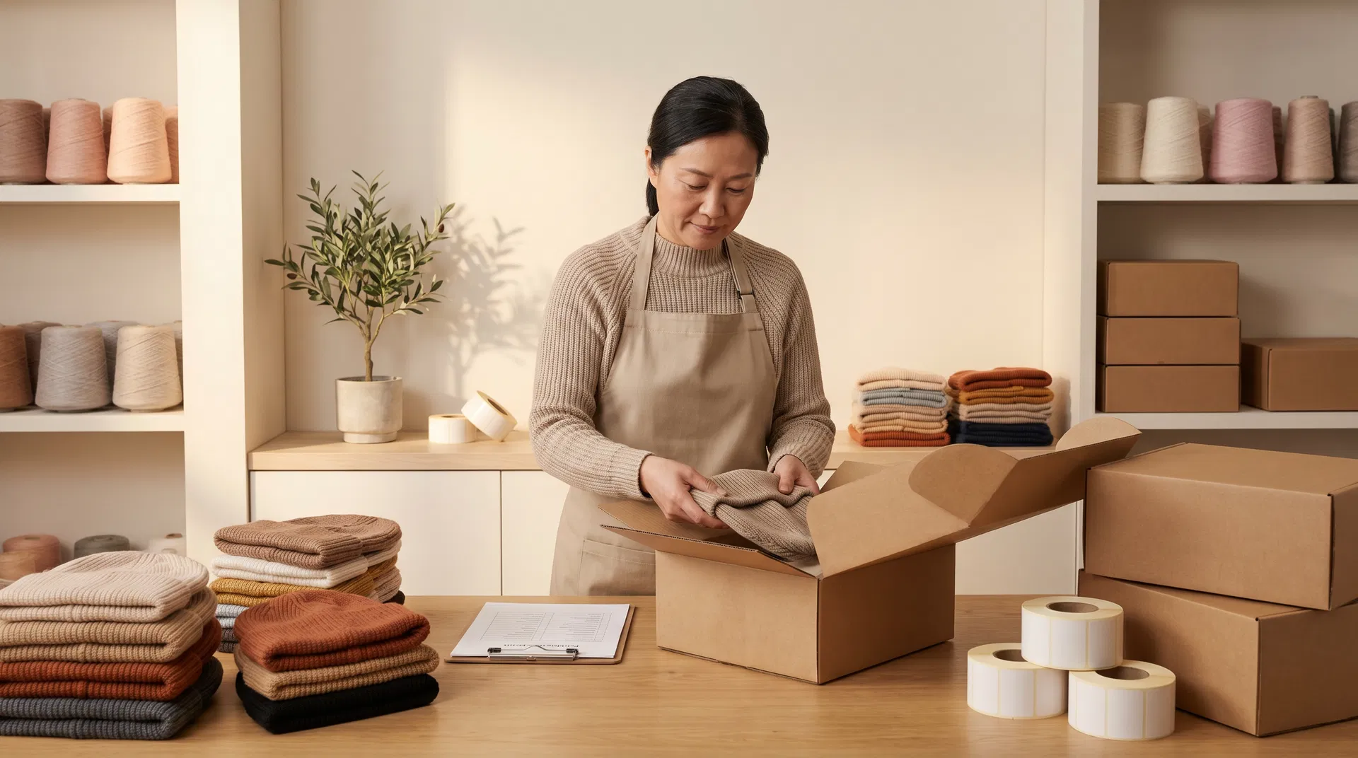 Chinese middle-aged female worker preparing folded beanies and cartons for organized shipment