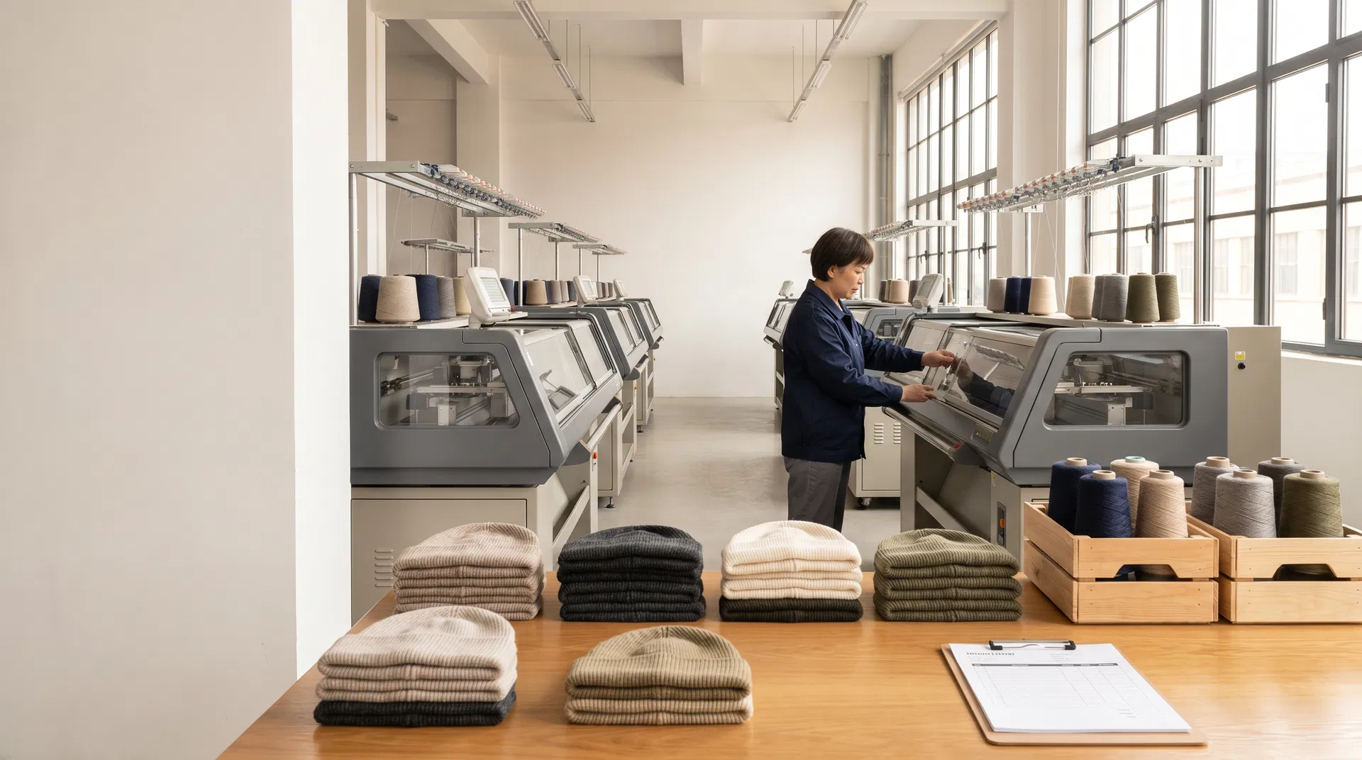 Chinese middle-aged female worker operating knitting machines with neatly arranged beanies and yarn cones in a bright factory