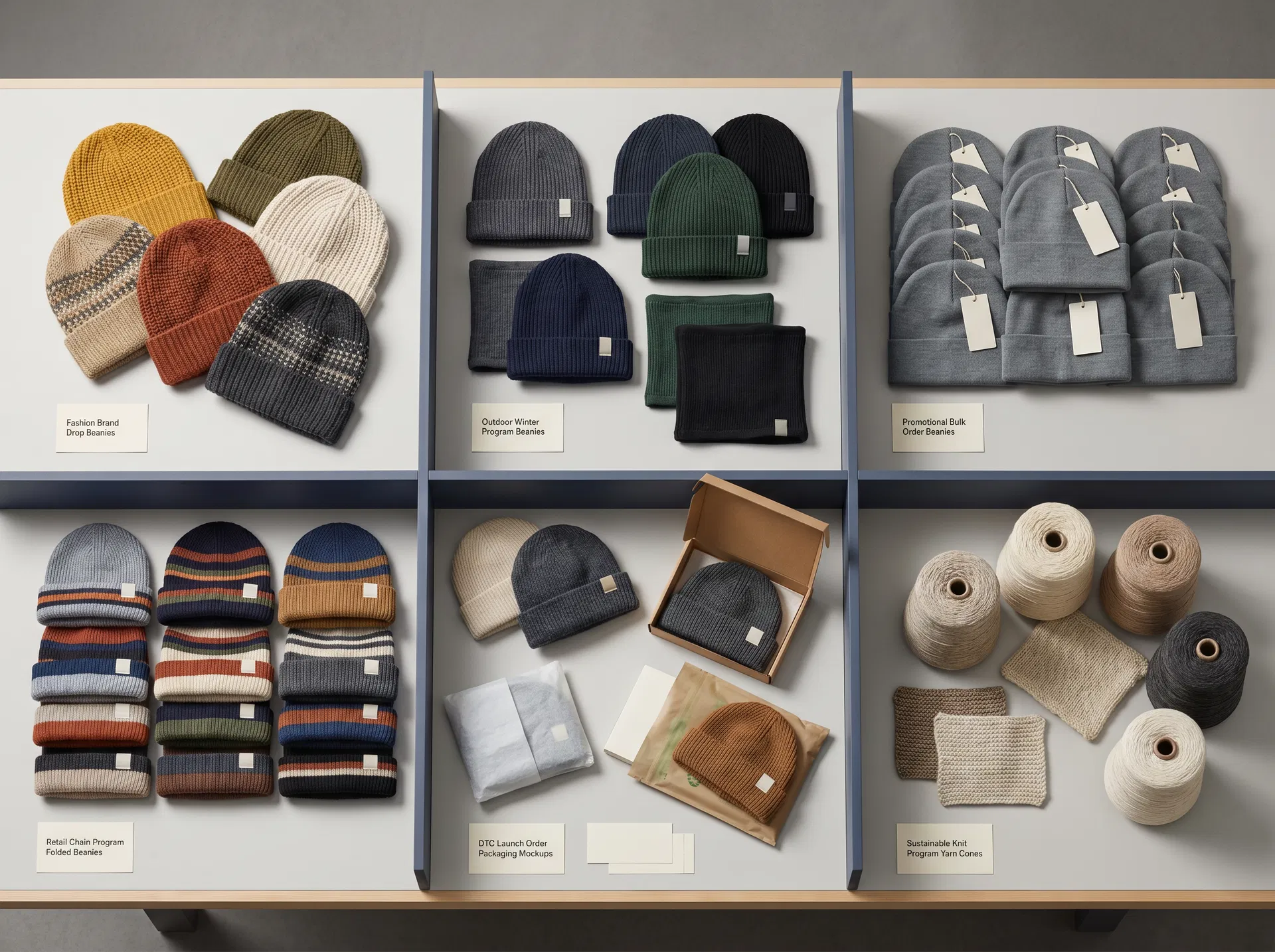 Curated sets of beanies and winter knit accessories arranged by different B2B order types