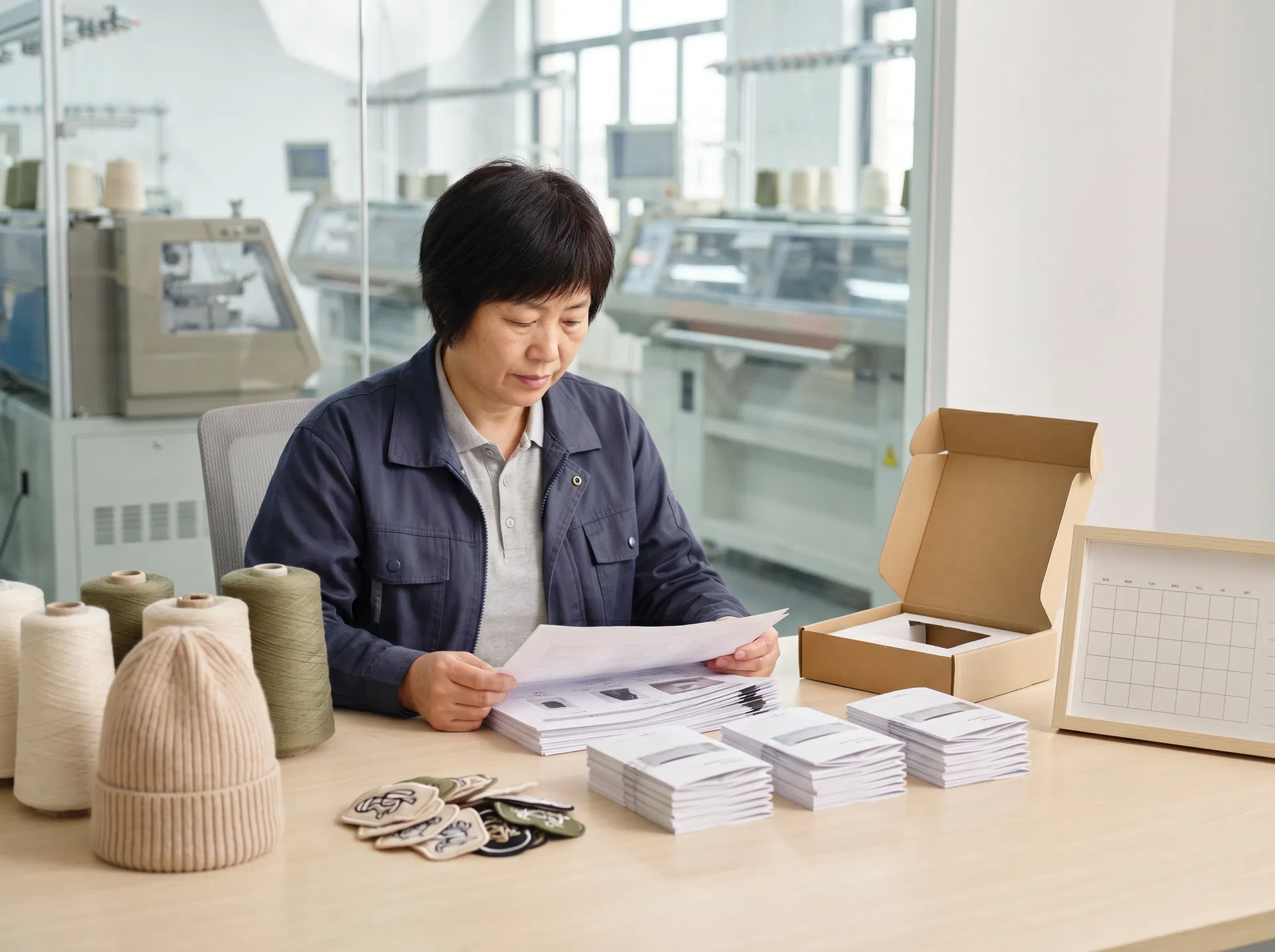 Chinese middle-aged female production planner reviewing beanie order documents beside yarn cones and packaging samples