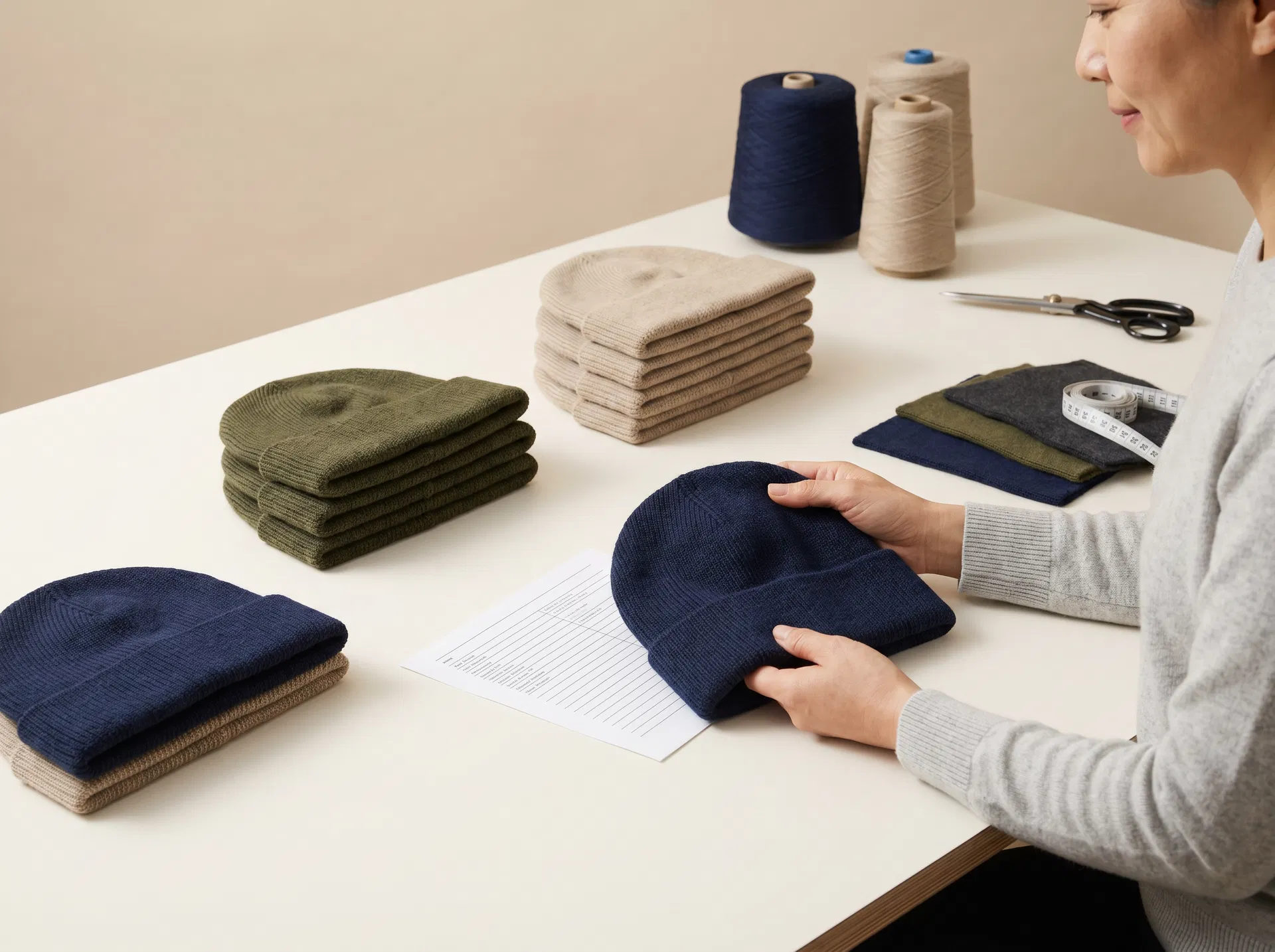 Chinese middle-aged female worker reviewing custom beanie samples on an organized production worktable