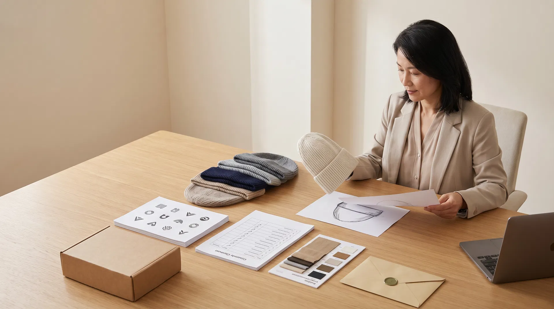 Chinese middle-aged female quality control worker reviewing beanie samples and project documents at a clean meeting table