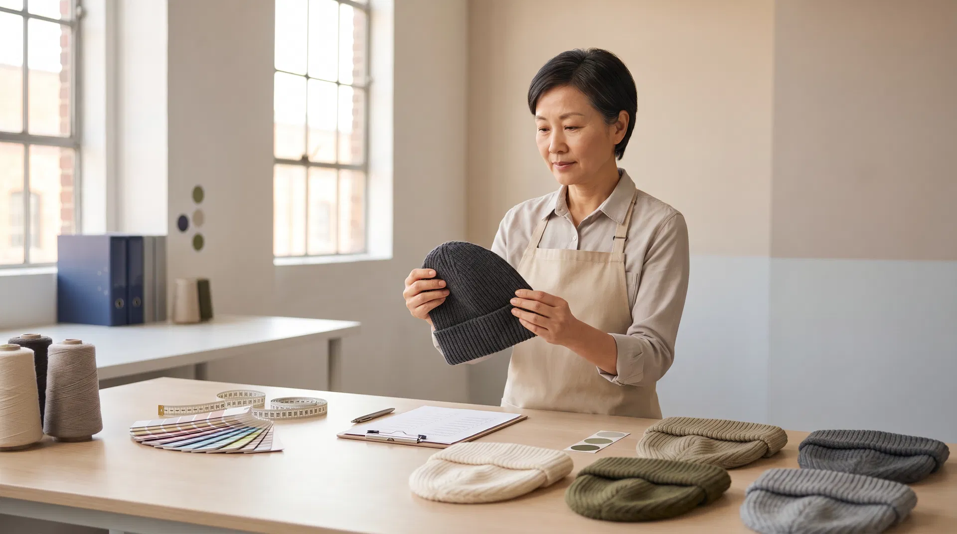 Chinese middle-aged female quality control worker inspecting a rib-knit beanie at a clean factory desk