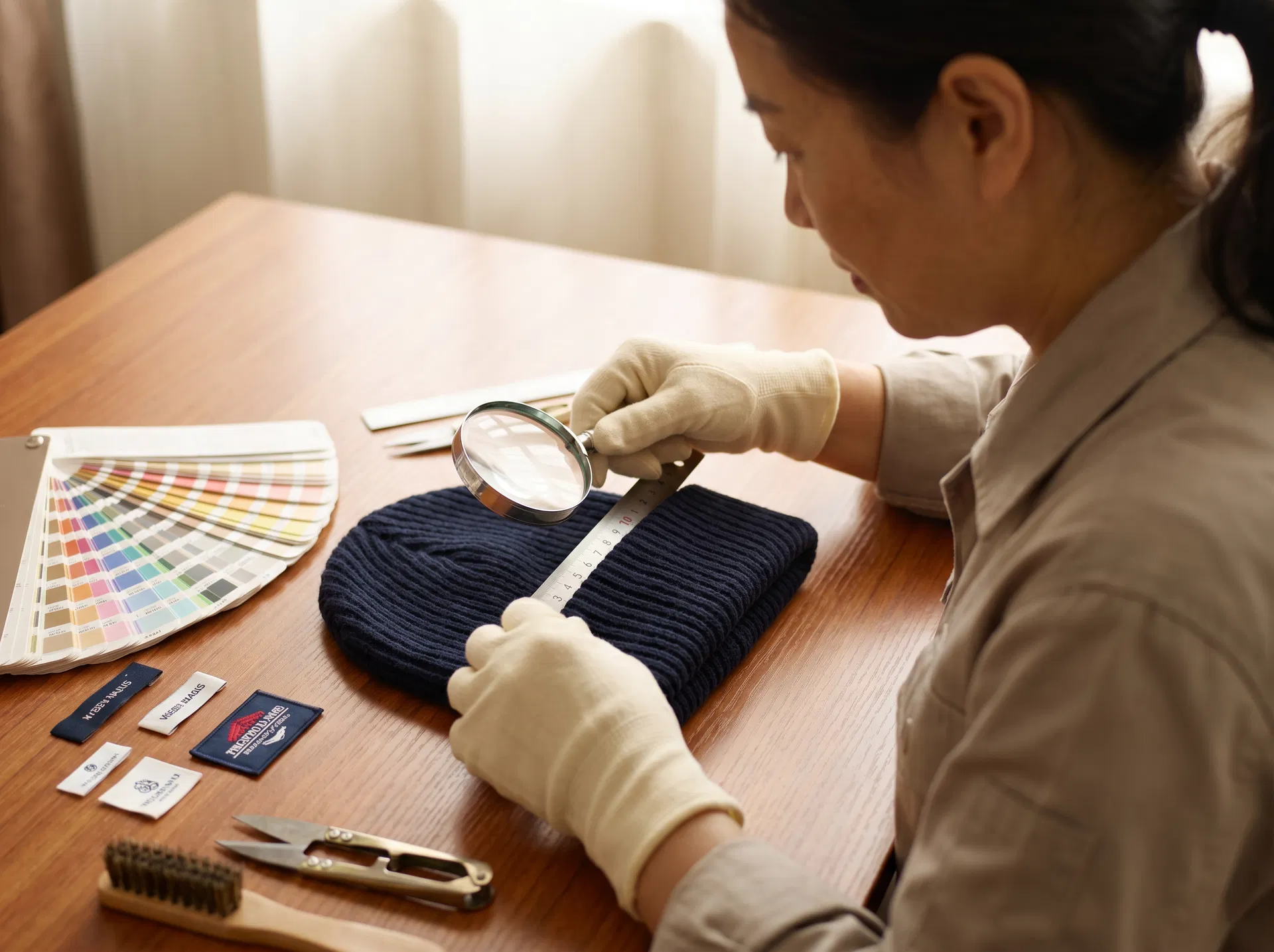 Chinese middle-aged female quality control worker measuring and inspecting a navy rib-knit beanie