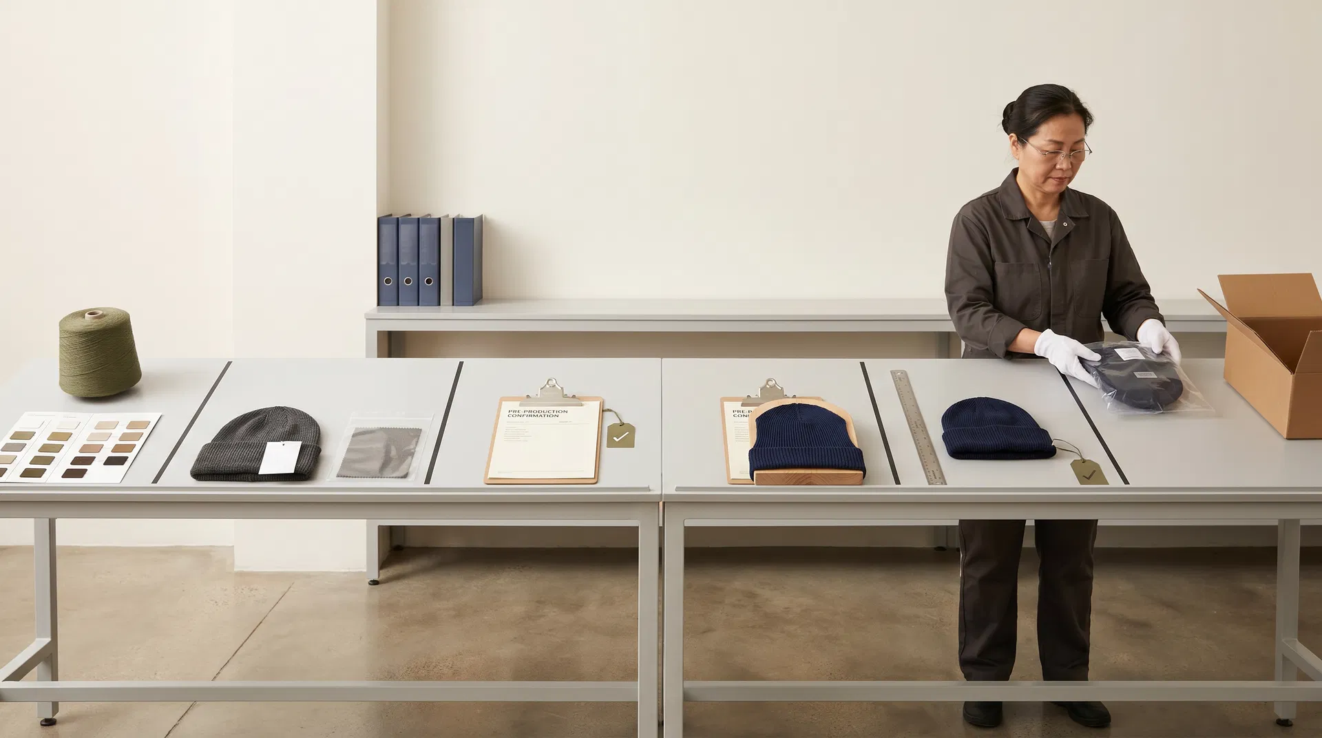 Chinese middle-aged female quality control worker reviewing the final packing stage of beanie inspection