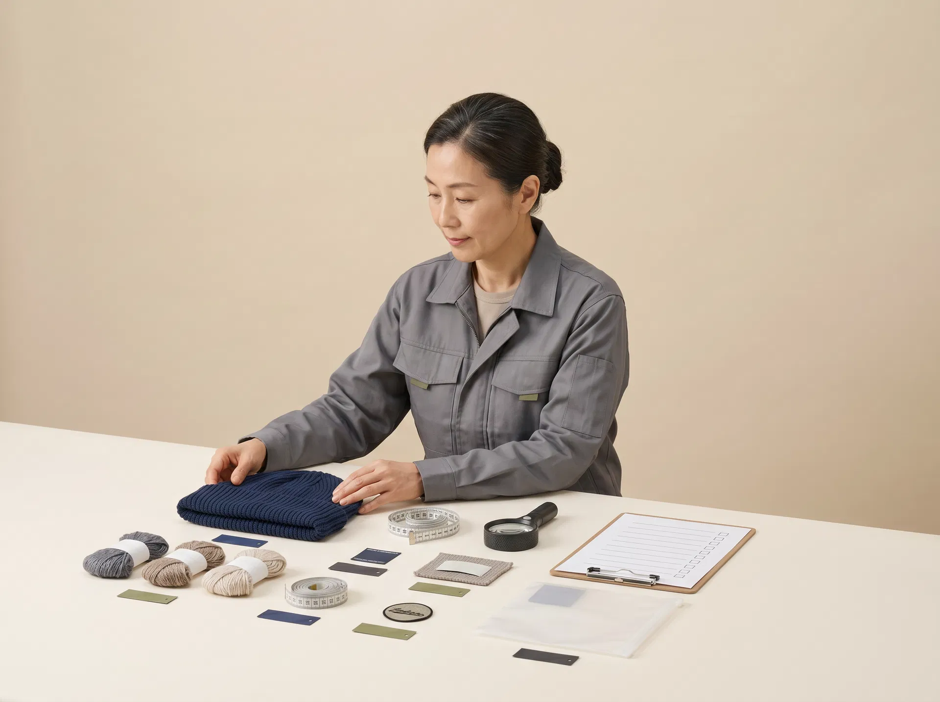 Chinese middle-aged female quality control worker reviewing yarn, labels, measuring tape and a beanie sample