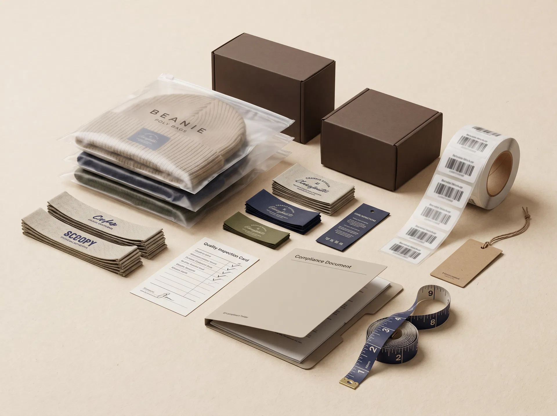 Close-up of beanie packaging, woven labels, care labels, barcode stickers, poly bags and compliance documents