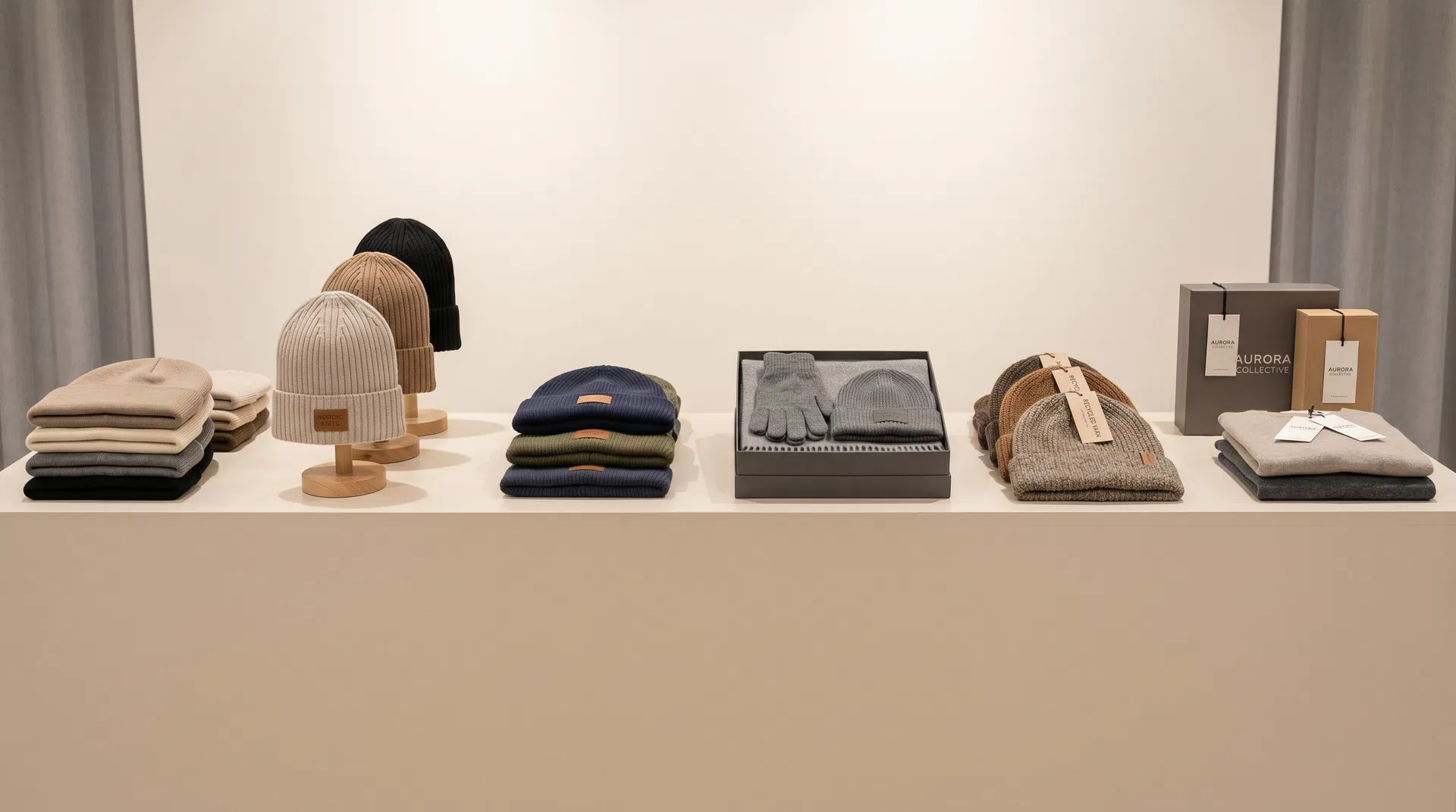 Showroom plinth displaying organized beanie programs, winter knit sets, sustainable knits and private label packaging