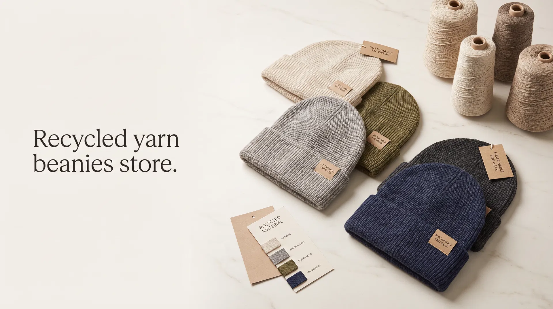 Premium recycled yarn beanies with yarn cones, material swatches and neutral private label product presentation