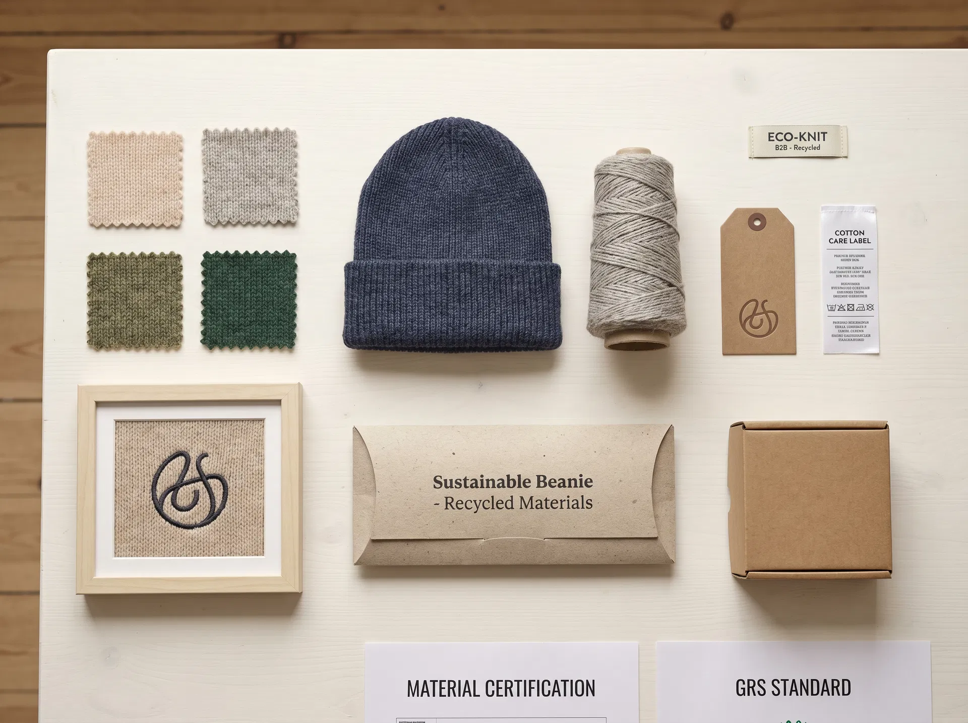 Customization and sustainability support board with logo samples, labels, eco packaging, color swatches, certification documents and recycled yarn beanie