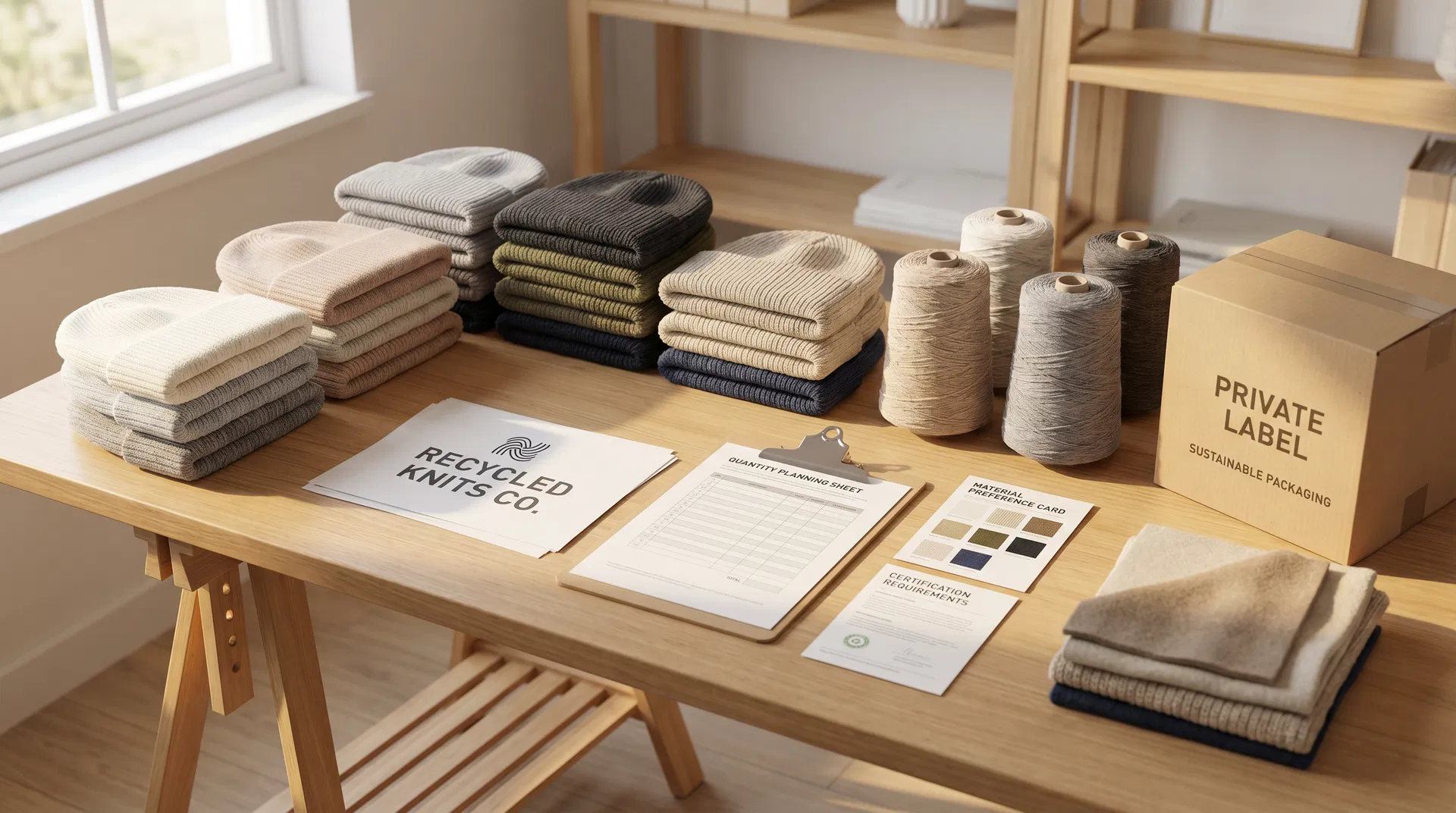 Recycled yarn beanie project planning desk with beanies, yarn cones, logo file, quantity sheet, material card, certification requirements and private label packaging