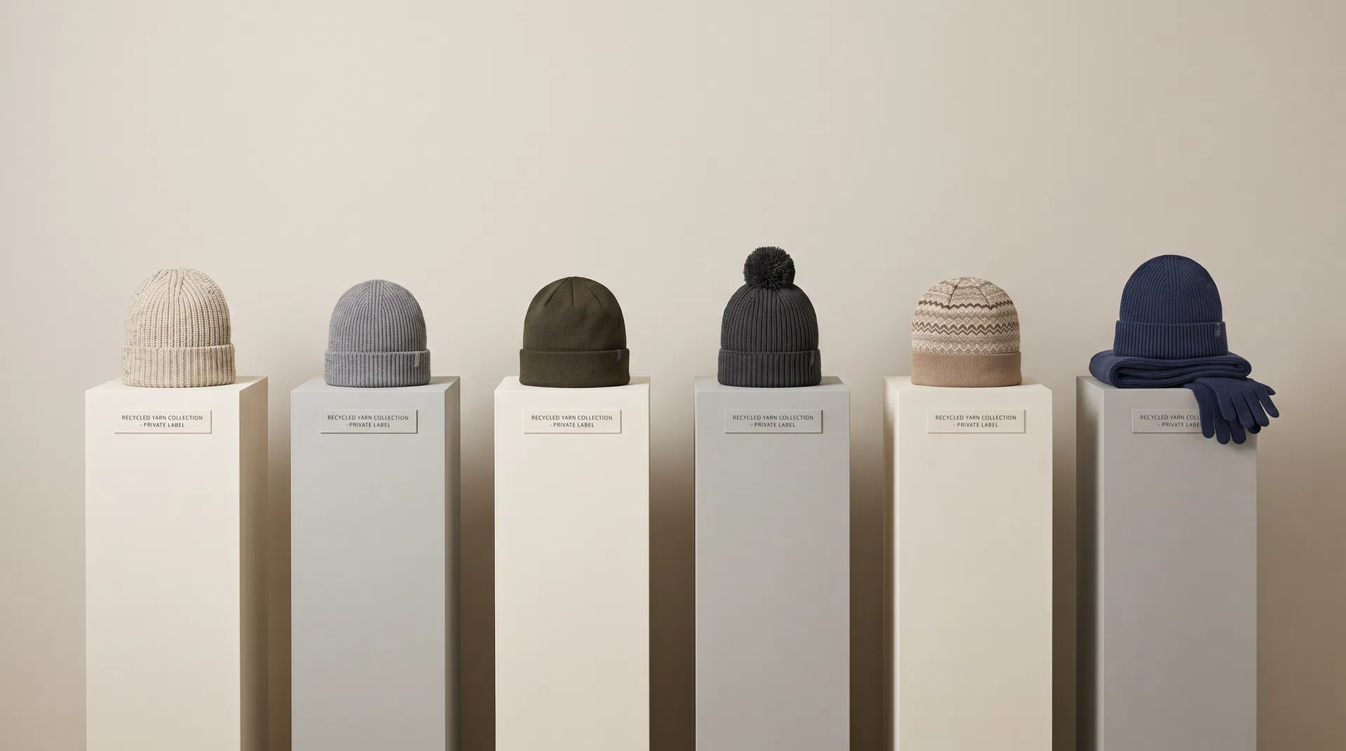 Showroom display of six recycled yarn beanie styles on separate plinths with neutral colors