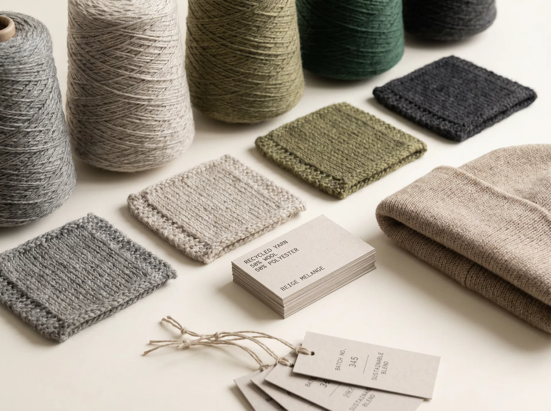 Close-up of recycled yarn cones, knit texture swatches, neutral beanie cuff and material planning cards
