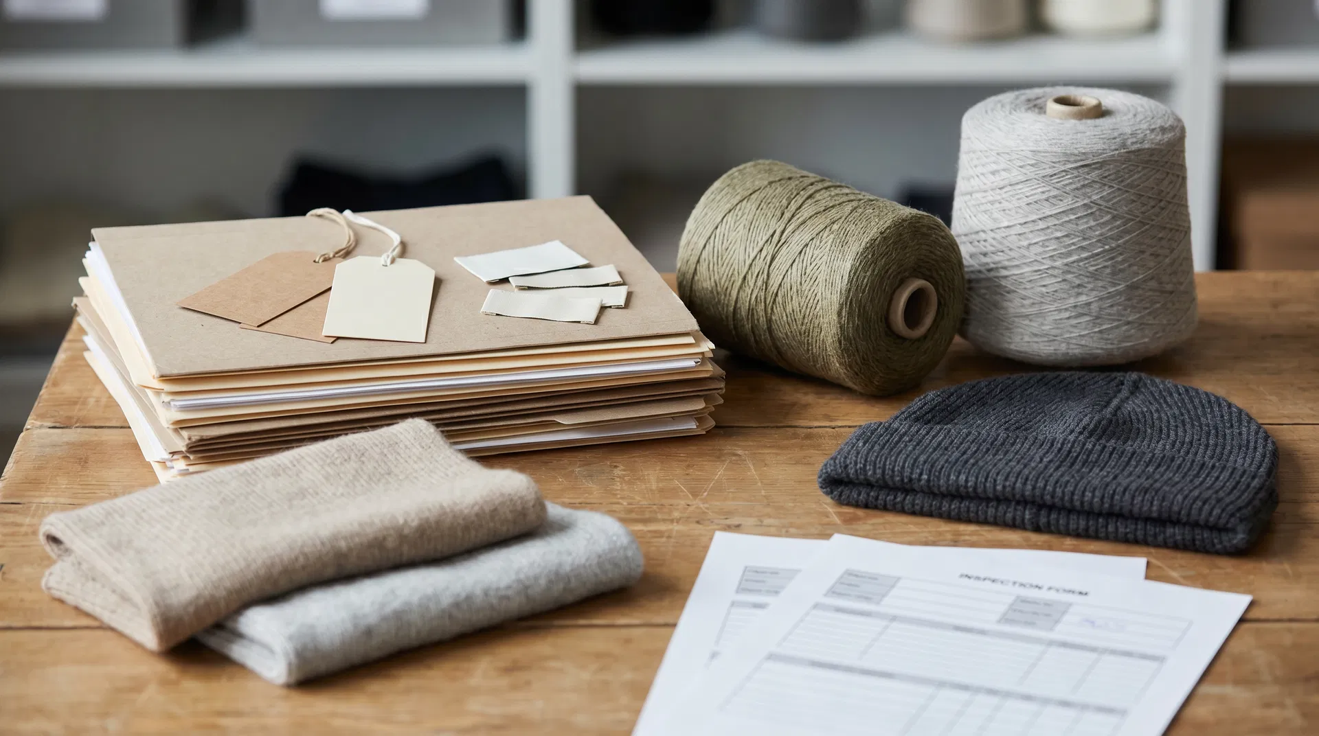 Yarn cones, knit samples and blank sourcing documents for certification-related project support